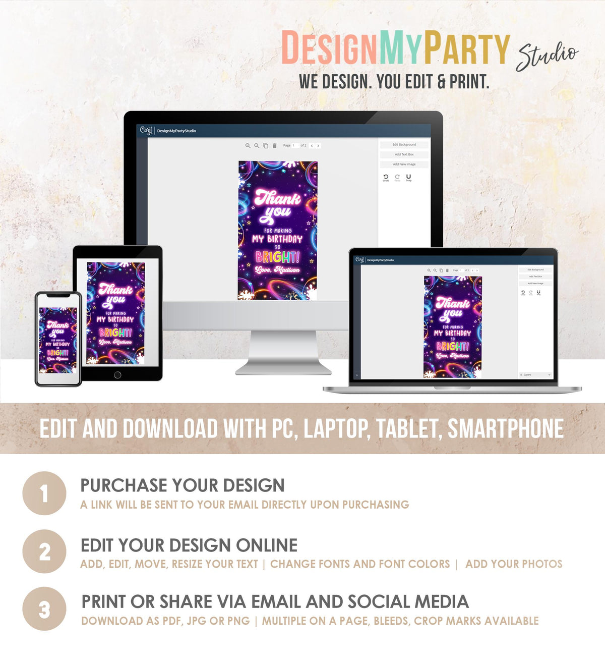 Editable Glow Favor Tag Neon Glow in the Dark Disco Girl Birthday Party Thank You Gift Tag Label Digital Download Template Printable 0537