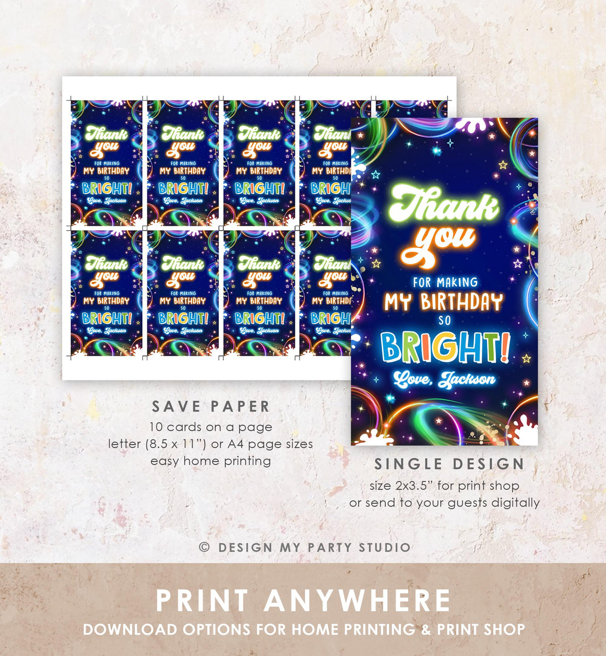 Editable Glow Favor Tag Neon Glow in the Dark Disco Boy Birthday Party Thank You Gift Tag Label Digital Download Template Printable 0537