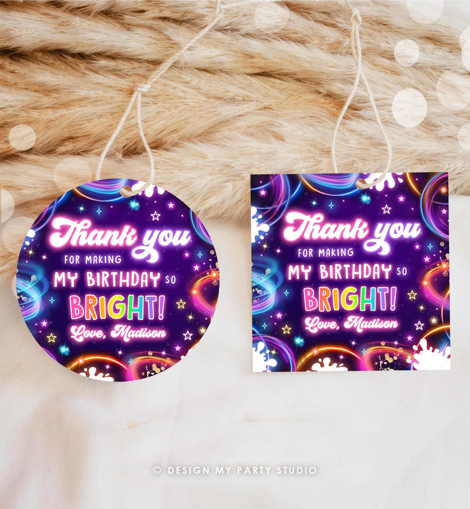 Editable Glow Favor Tag Neon Glow in the Dark Disco Girl Birthday Party Thank You Gift Tag Label Sticker Digital Template Printable 0537