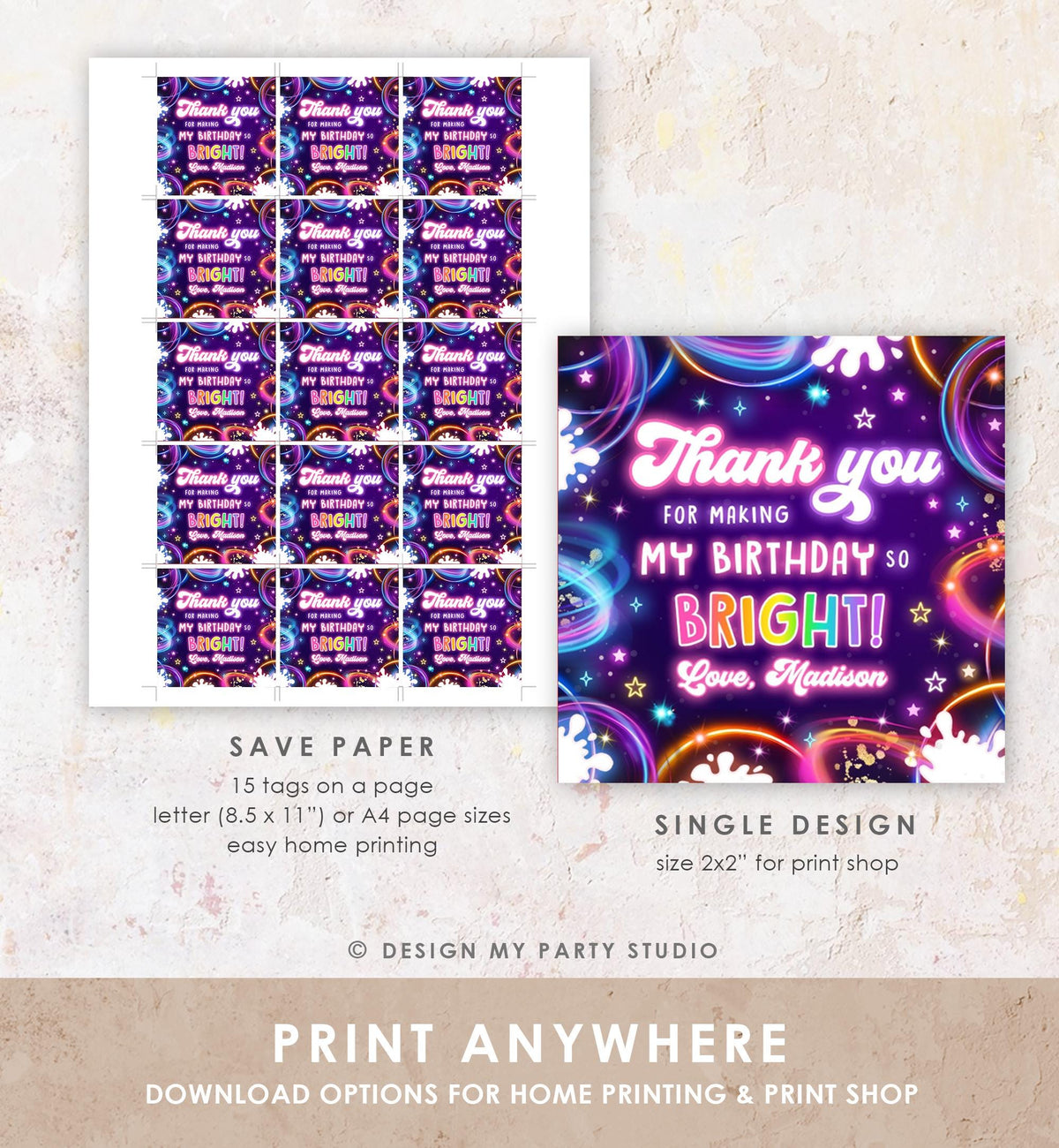 Editable Glow Favor Tag Neon Glow in the Dark Disco Girl Birthday Party Thank You Gift Tag Label Sticker Digital Template Printable 0537