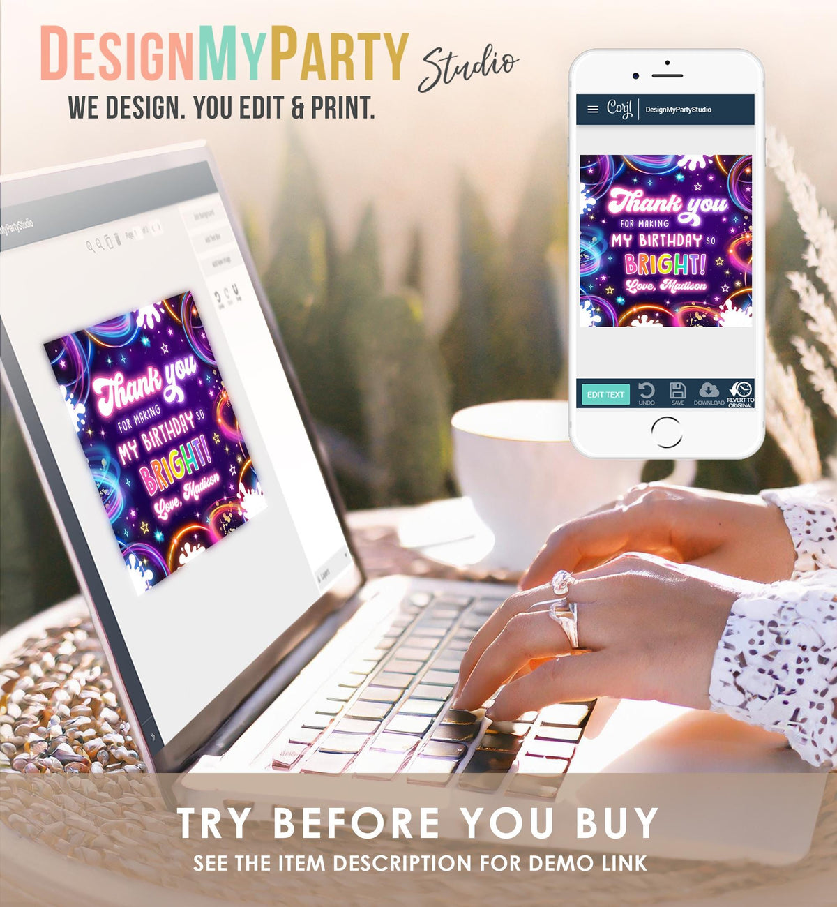 Editable Glow Favor Tag Neon Glow in the Dark Disco Girl Birthday Party Thank You Gift Tag Label Sticker Digital Template Printable 0537