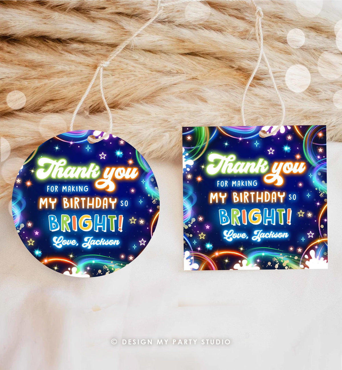 Editable Glow Favor Tag Neon Glow in the Dark Disco Boy Birthday Party Thank You Gift Tag Label Sticker Digital Template Printable 0537
