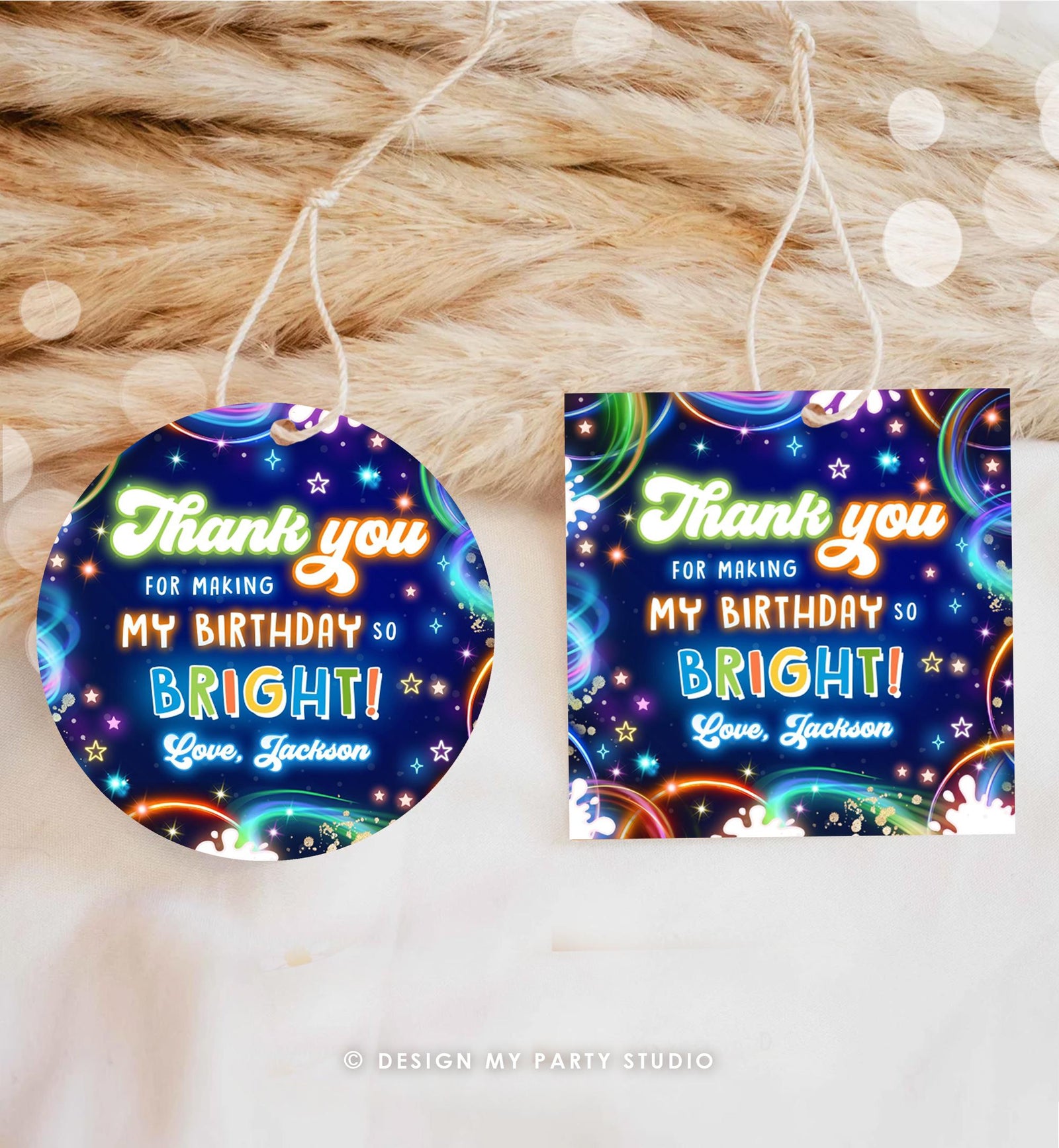 Editable Glow Favor Tag Neon Glow in the Dark Disco Boy Birthday Party Thank You Gift Tag Label Sticker Digital Template Printable 0537