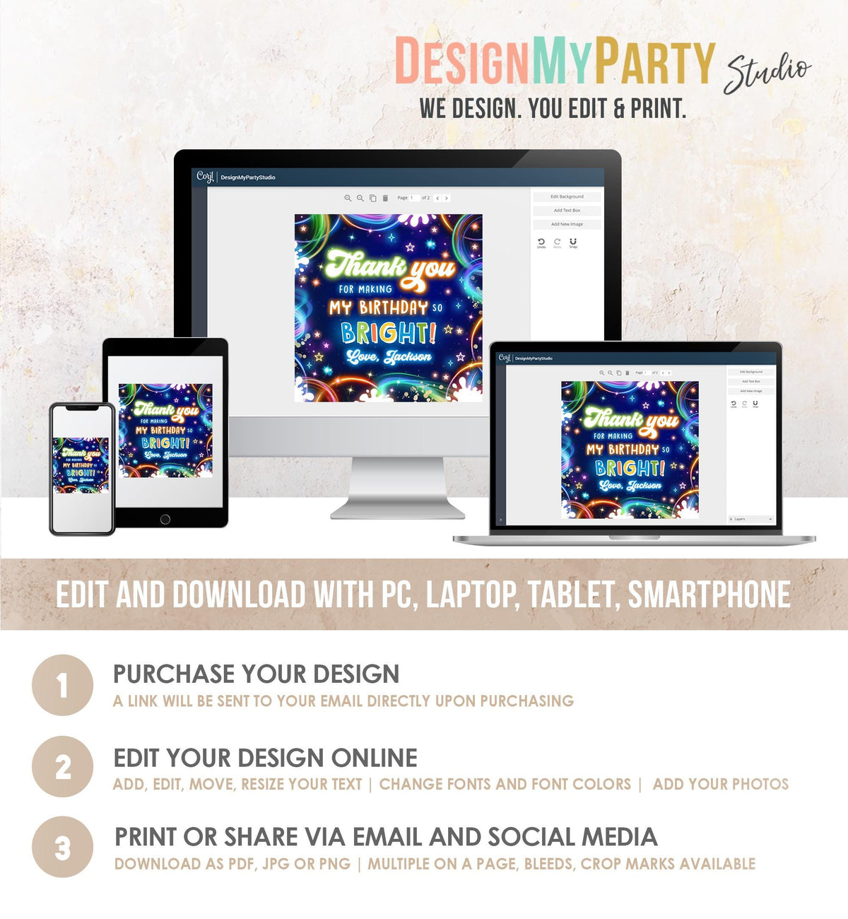 Editable Glow Favor Tag Neon Glow in the Dark Disco Boy Birthday Party Thank You Gift Tag Label Sticker Digital Template Printable 0537