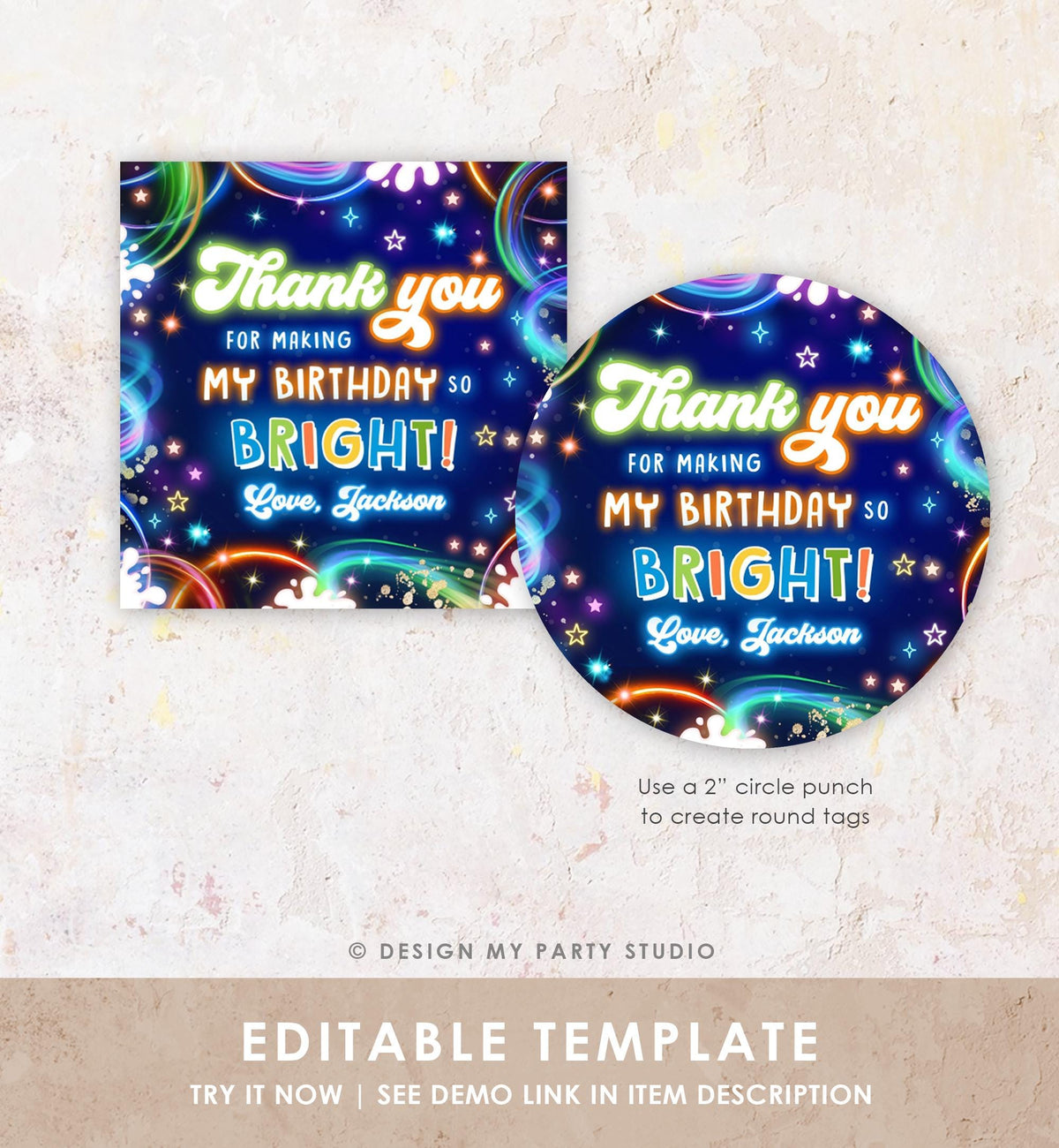 Editable Glow Favor Tag Neon Glow in the Dark Disco Boy Birthday Party Thank You Gift Tag Label Sticker Digital Template Printable 0537