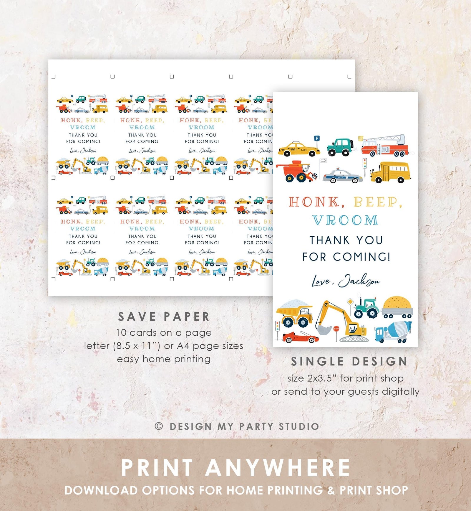 Editable Transportation Favor Tag Car Truck Driving By Boy Birthday Party Thank You Gift Tag Label Digital Download Template Printable 0533