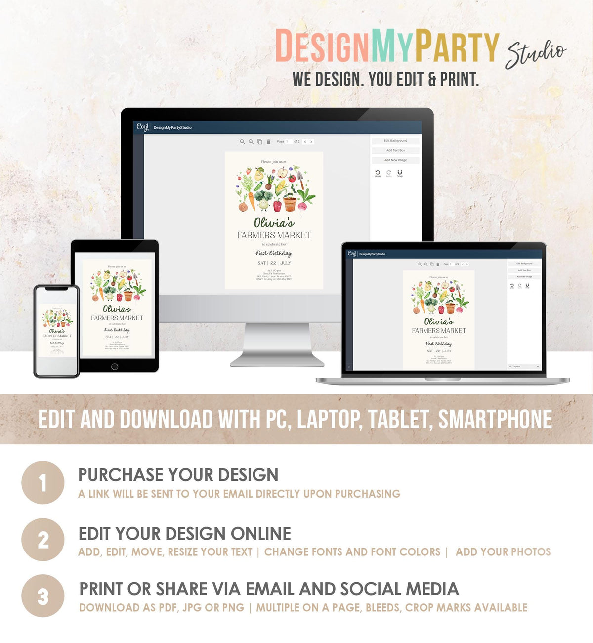 Editable Farmers Market Birthday Invitation Locally Grown Invitation Farm Vegetables Fruits Digital Download Evite Template Printable 0544