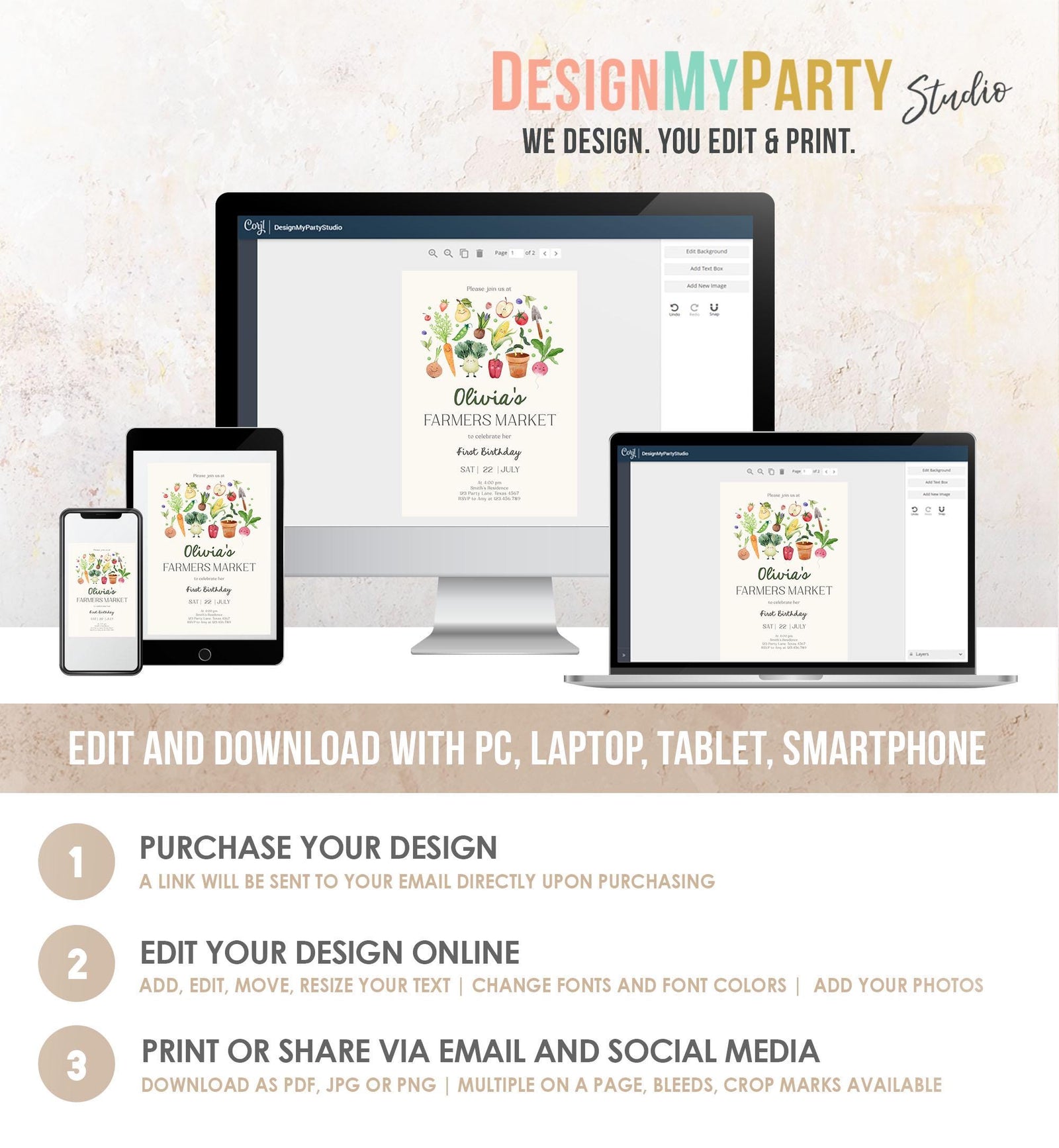 Editable Farmers Market Birthday Invitation Locally Grown Invitation Farm Vegetables Fruits Digital Download Evite Template Printable 0544