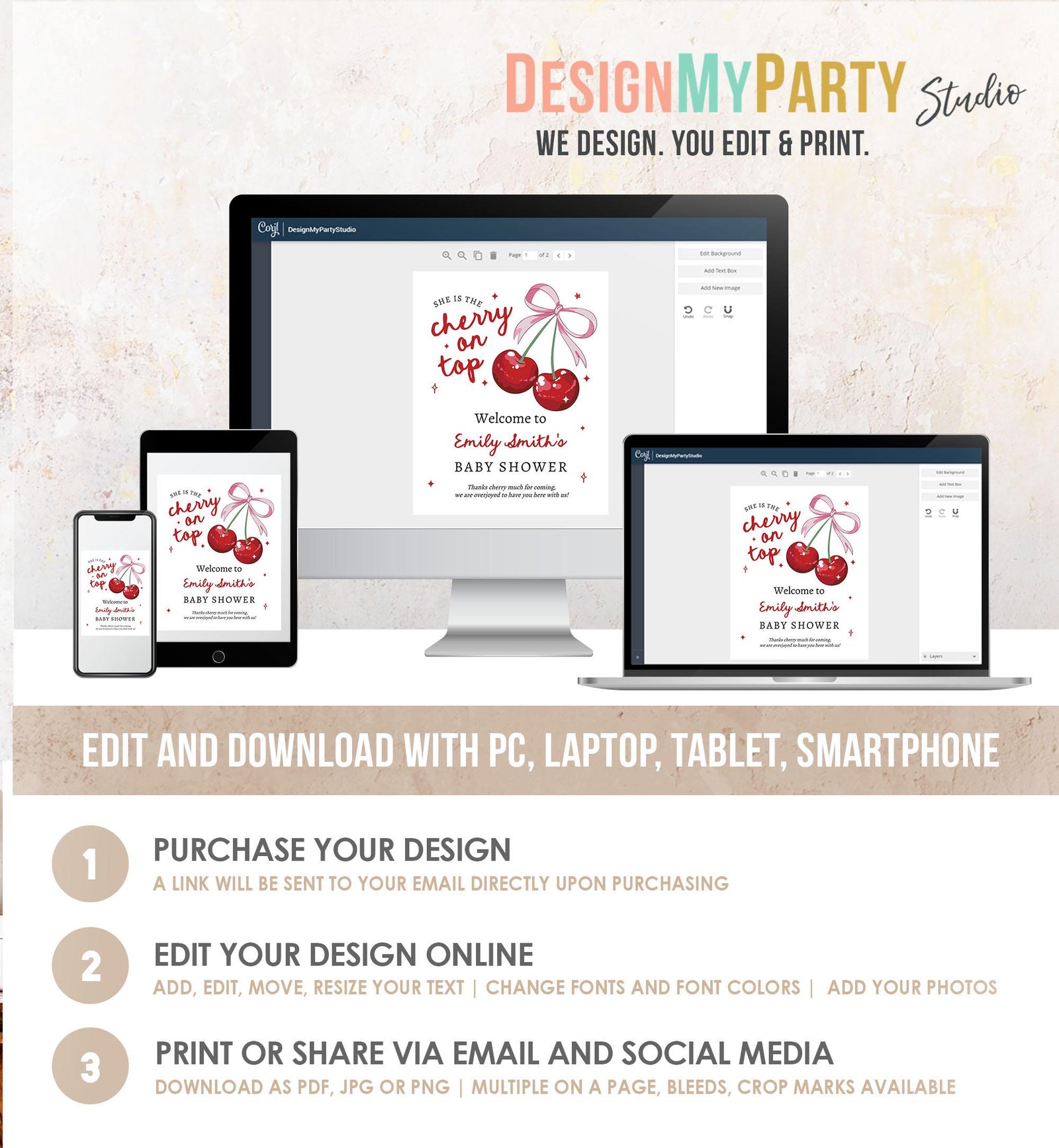 Editable Cherry Baby Shower Welcome Sign She is The Cherry On Top Preppy Coquette Bow Berries Berry Shower Welcome Template Printable 0539