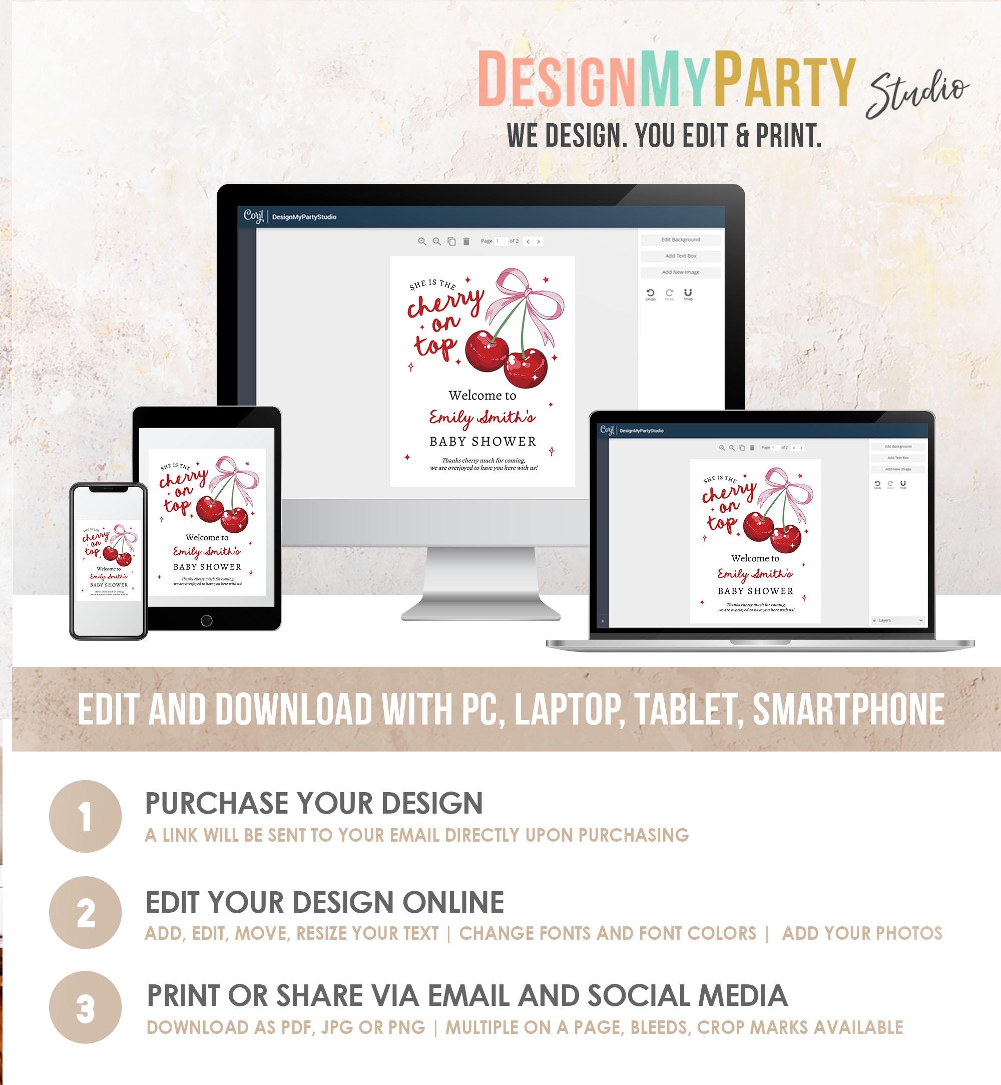 Editable Cherry Baby Shower Welcome Sign She is The Cherry On Top Preppy Coquette Bow Berries Berry Shower Welcome Template Printable 0539