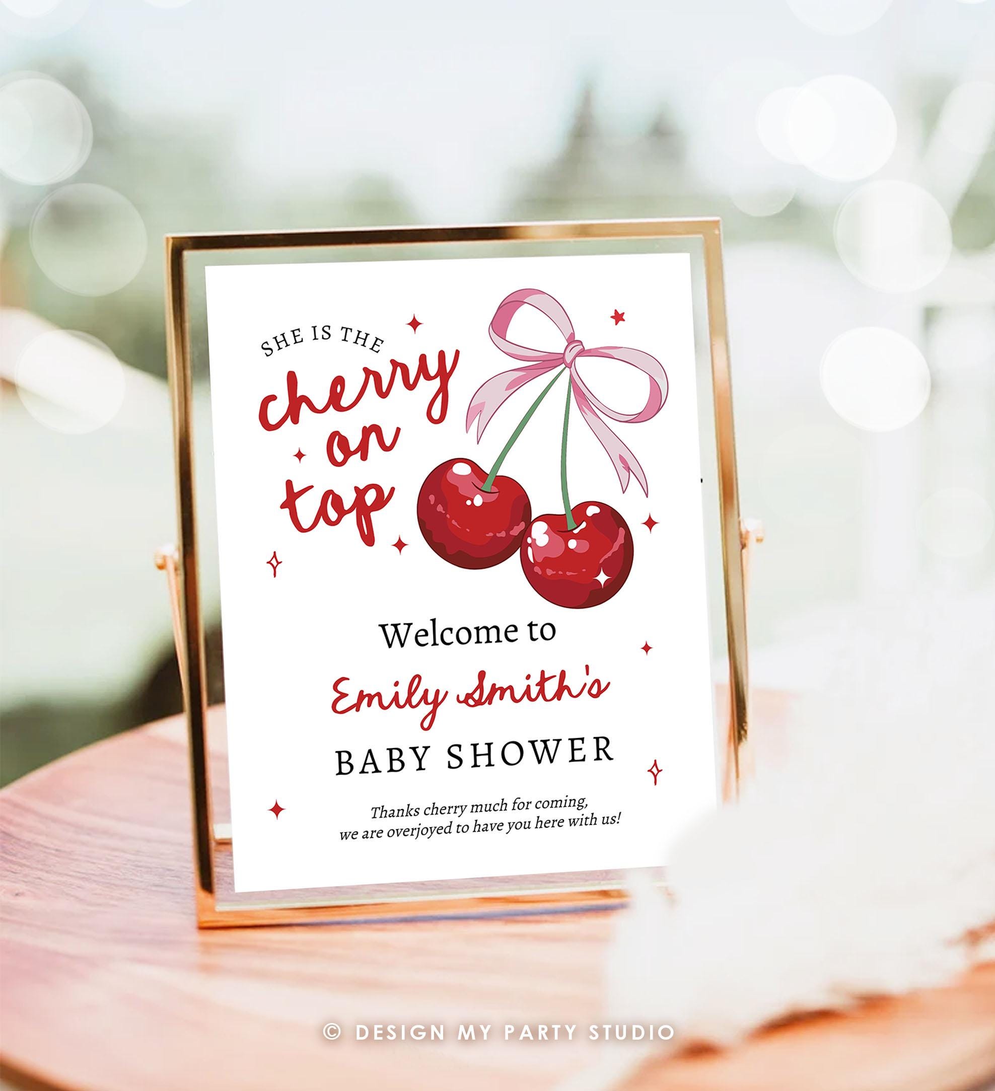 Editable Cherry Baby Shower Welcome Sign She is The Cherry On Top Preppy Coquette Bow Berries Berry Shower Welcome Template Printable 0539