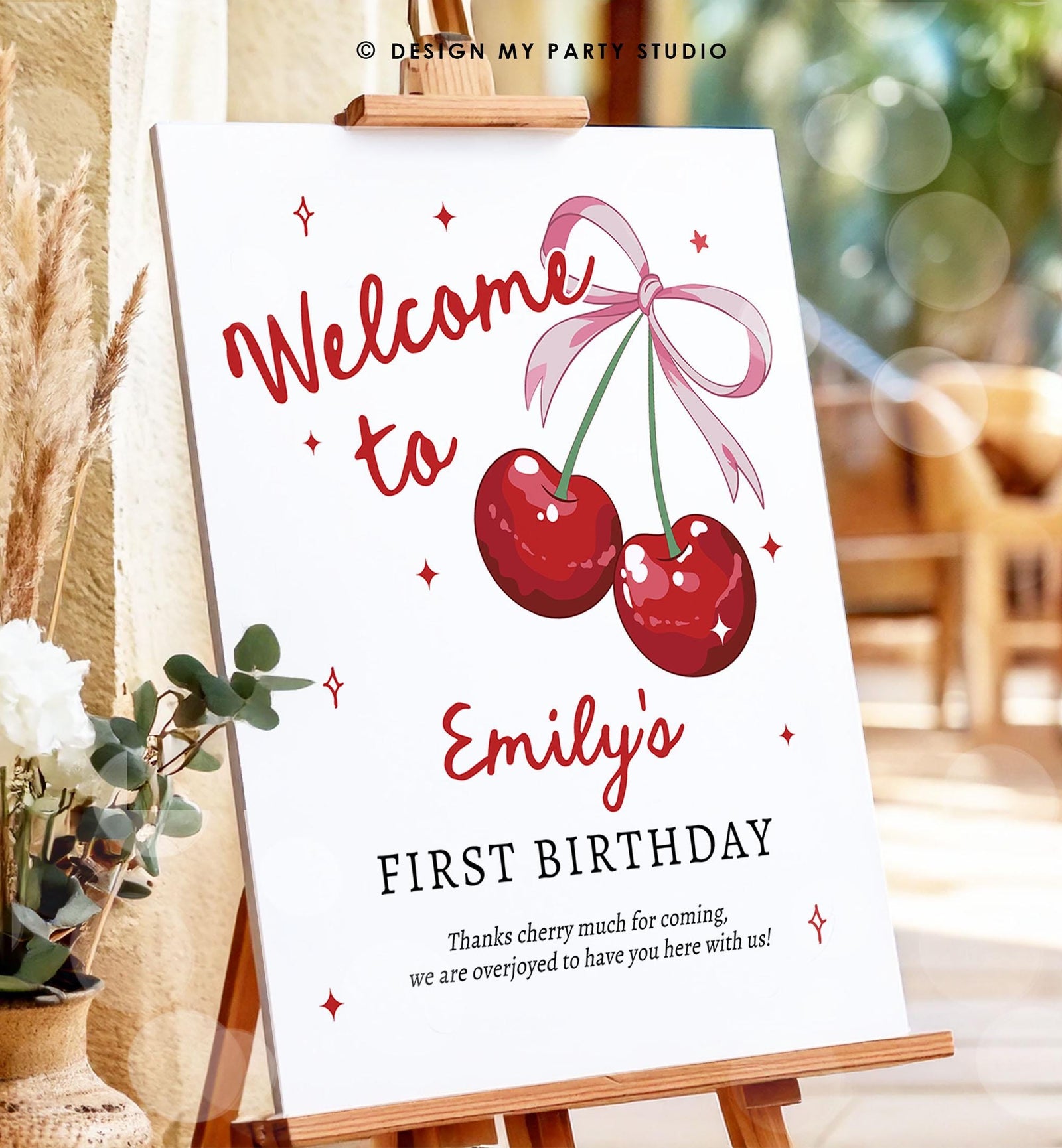 Editable Cherry First Birthday Welcome Sign She is Our Cherry On Top Preppy Coquette Bow Berries Berry 1st Welcome Template Printable 0539