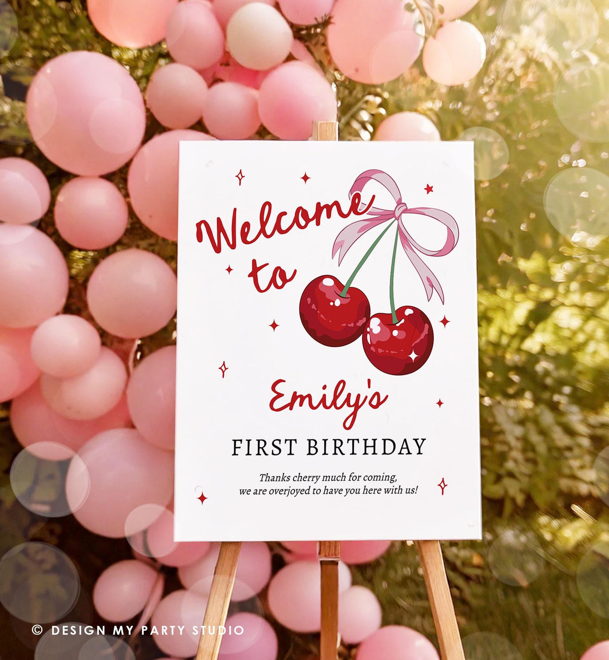 Editable Cherry First Birthday Welcome Sign She is Our Cherry On Top Preppy Coquette Bow Berries Berry 1st Welcome Template Printable 0539