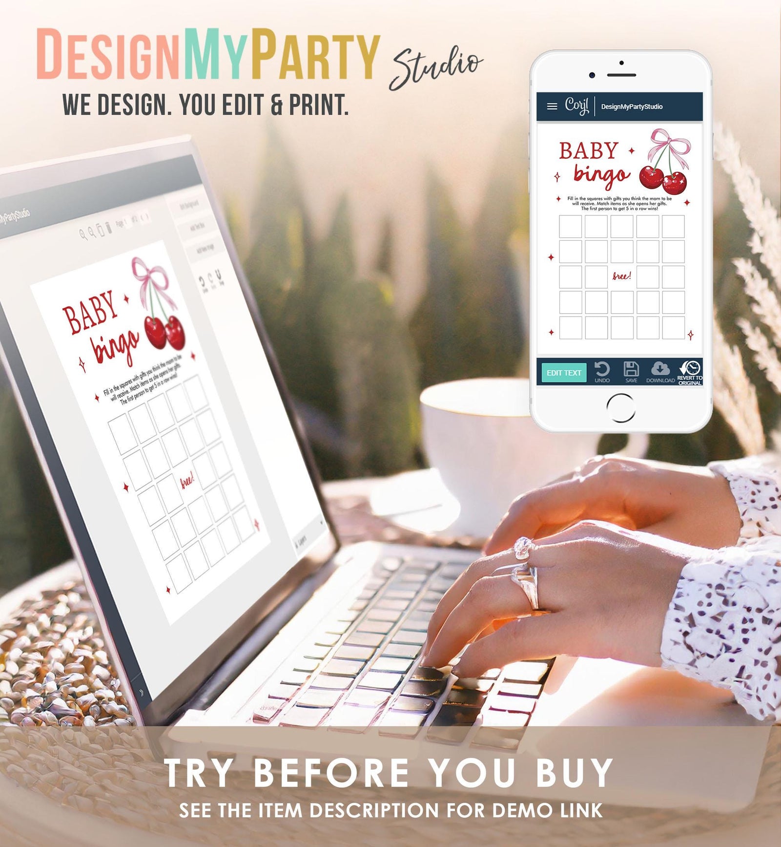 Editable Baby Bingo Baby Shower Game Card Cherry Baby Shower Pink Bow Coquette Cherry On Top Games Digital Download Template Printable 0539