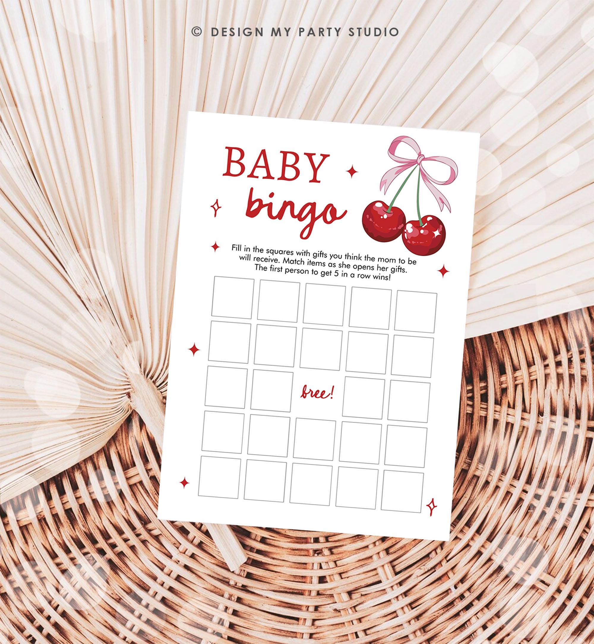 Editable Baby Bingo Baby Shower Game Card Cherry Baby Shower Pink Bow Coquette Cherry On Top Games Digital Download Template Printable 0539