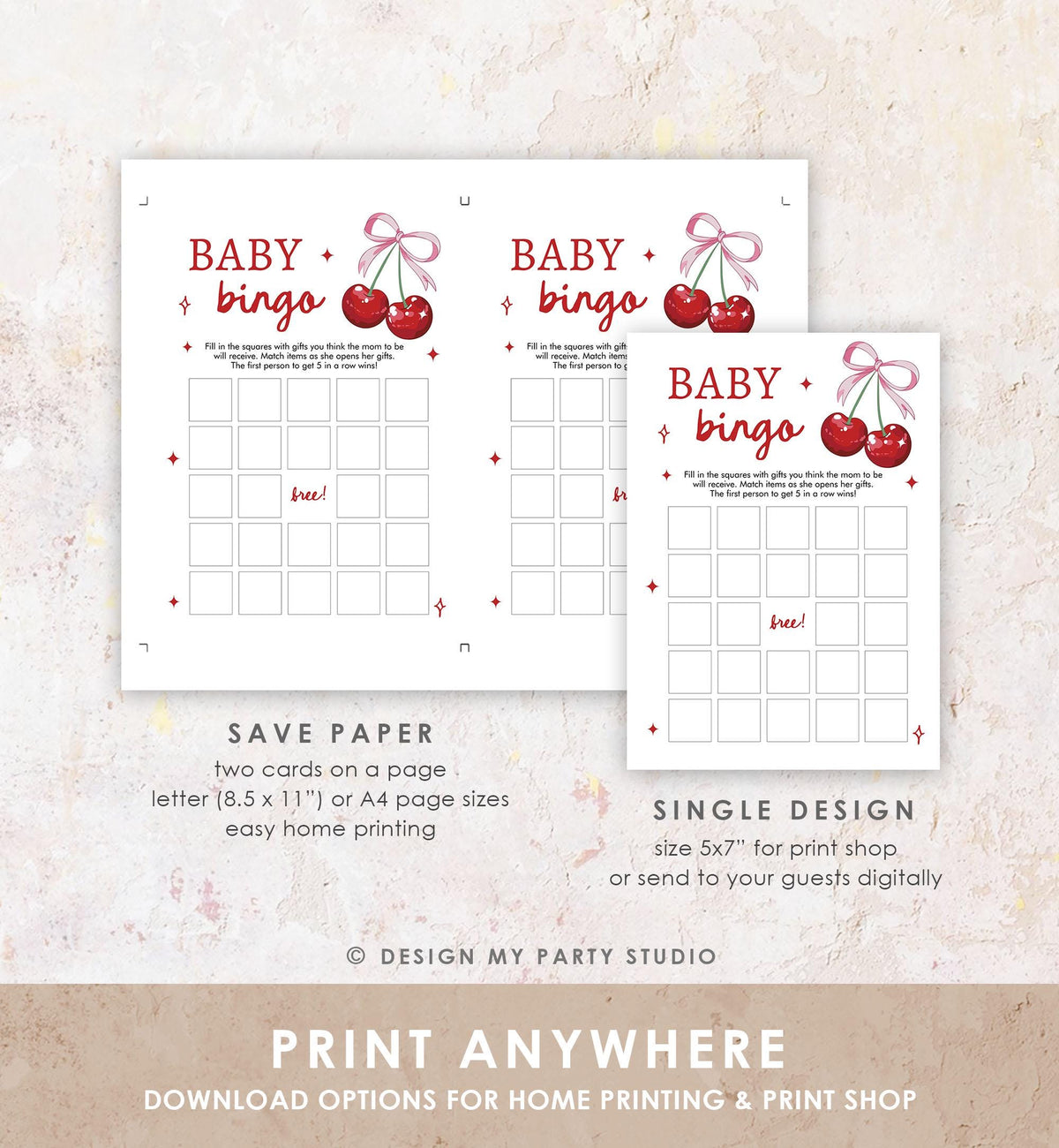 Editable Baby Bingo Baby Shower Game Card Cherry Baby Shower Pink Bow Coquette Cherry On Top Games Digital Download Template Printable 0539