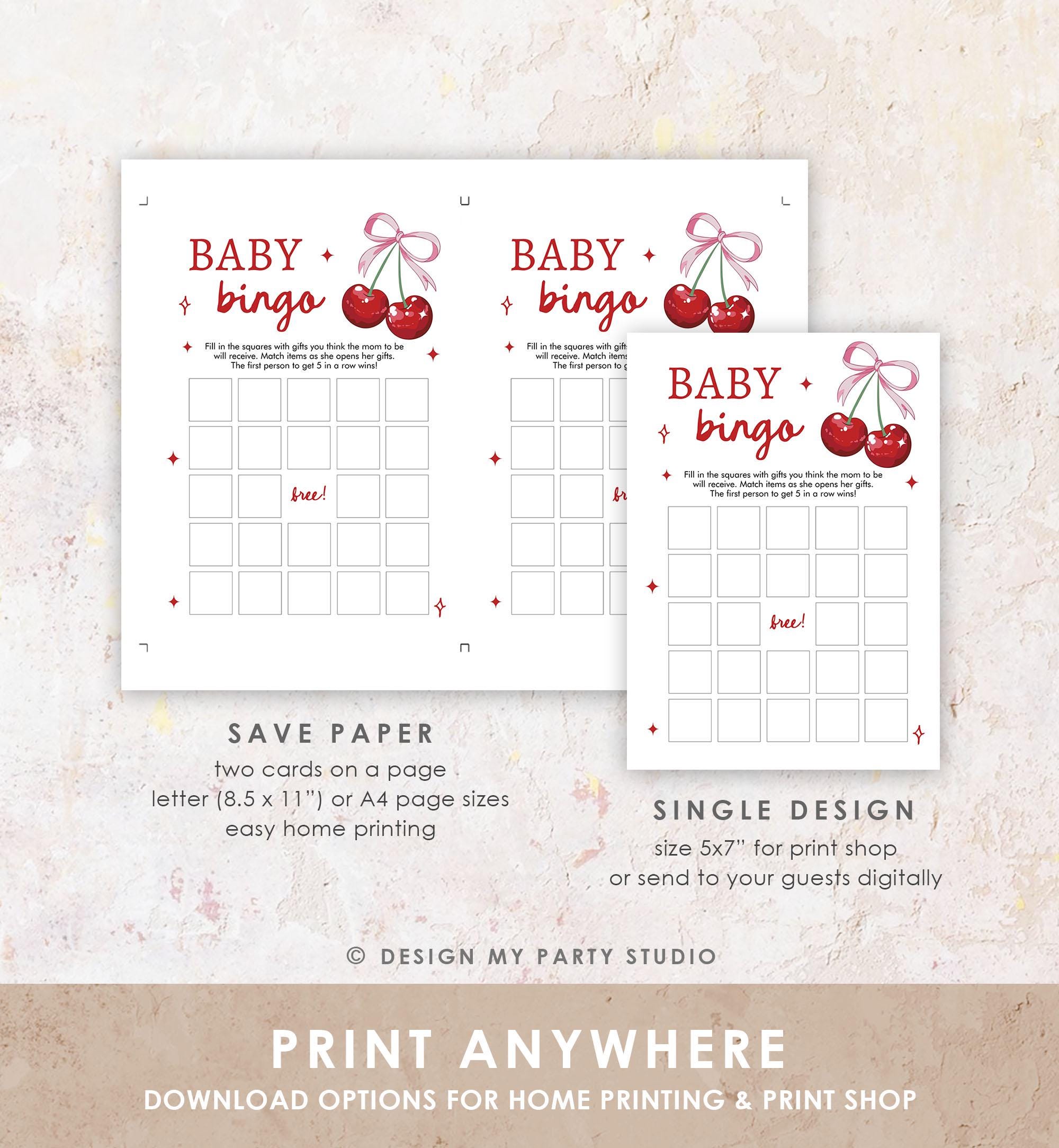 Editable Baby Bingo Baby Shower Game Card Cherry Baby Shower Pink Bow Coquette Cherry On Top Games Digital Download Template Printable 0539