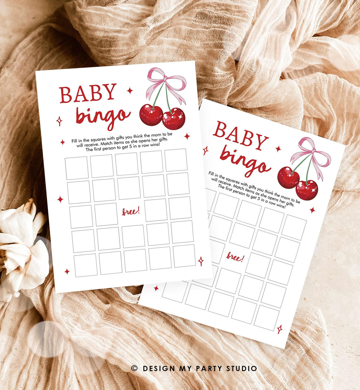 Editable Baby Bingo Baby Shower Game Card Cherry Baby Shower Pink Bow Coquette Cherry On Top Games Digital Download Template Printable 0539
