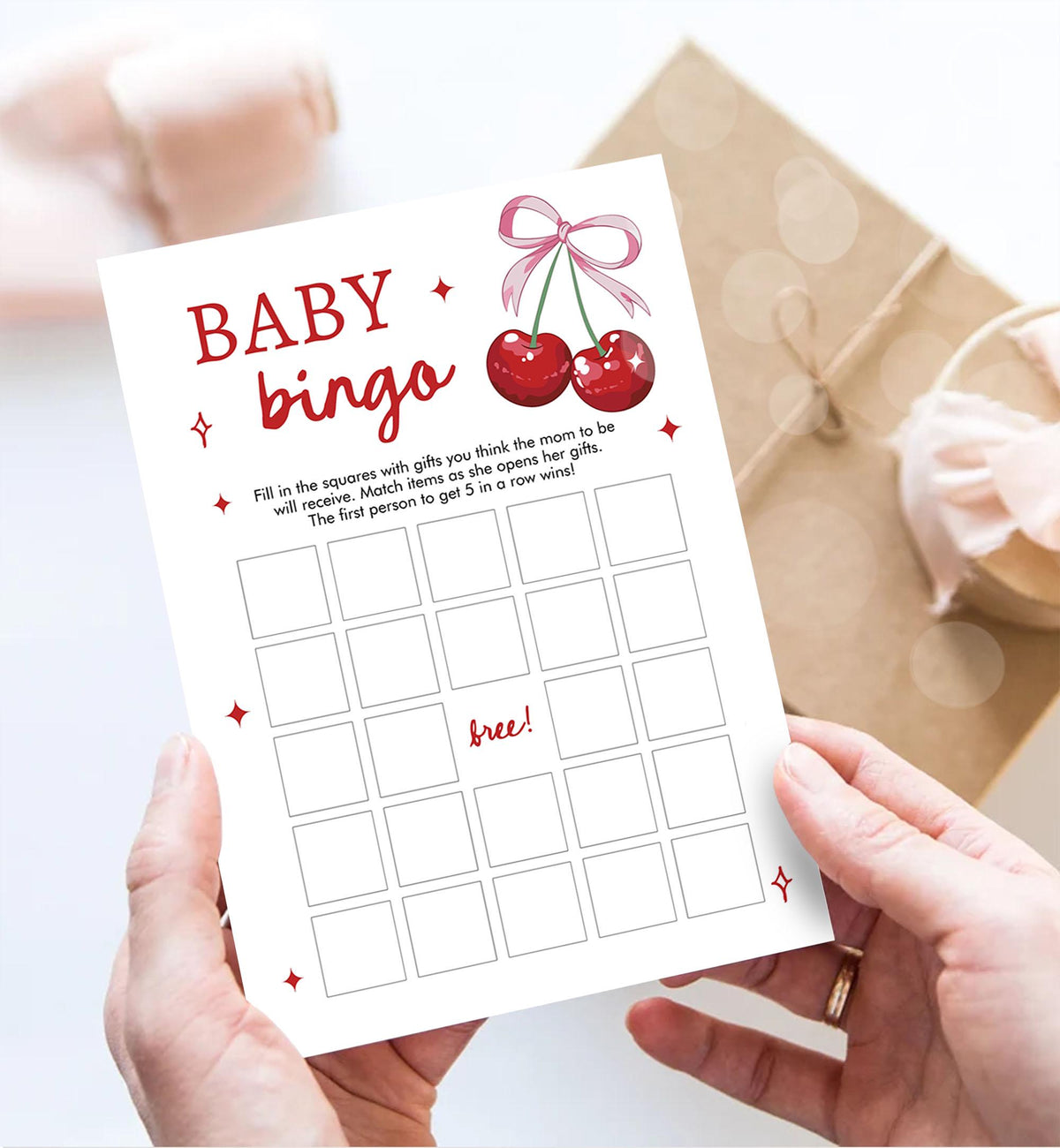 Editable Baby Bingo Baby Shower Game Card Cherry Baby Shower Pink Bow Coquette Cherry On Top Games Digital Download Template Printable 0539