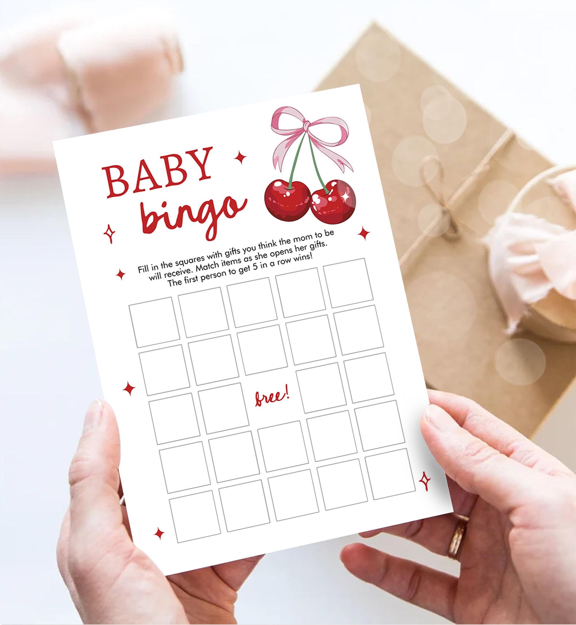 Editable Baby Bingo Baby Shower Game Card Cherry Baby Shower Pink Bow Coquette Cherry On Top Games Digital Download Template Printable 0539