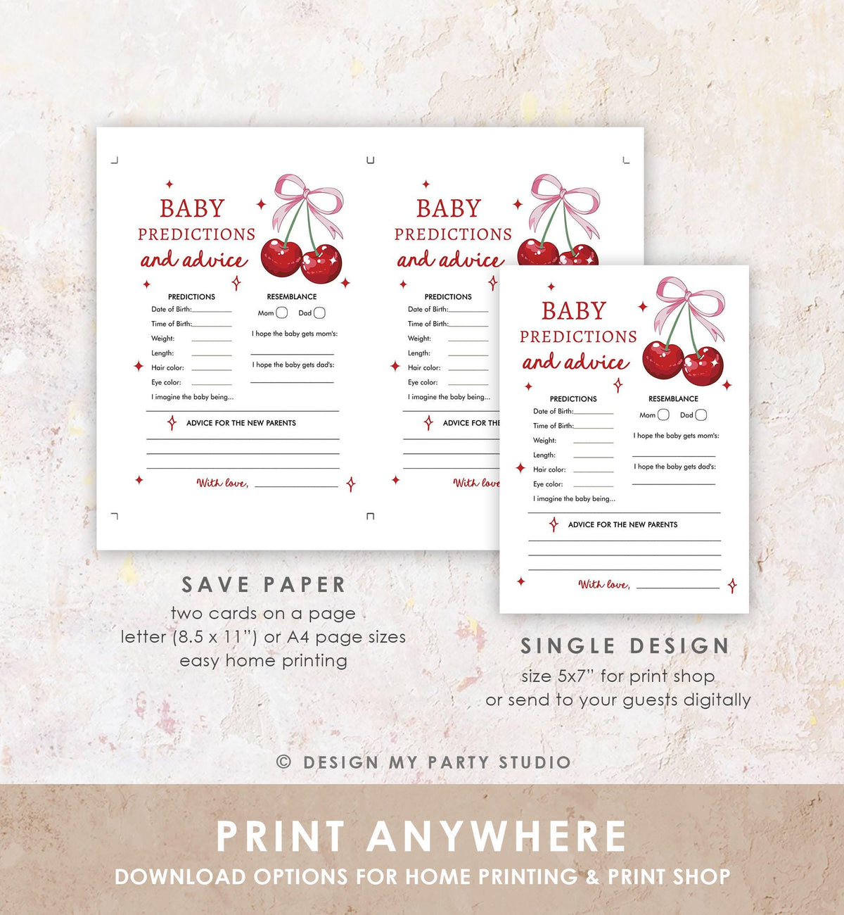 Editable Baby Predictions and Advice Card Baby Shower Game Cherry Baby Shower Bow Coquette Cherry On Top Digital Template Printable 0539