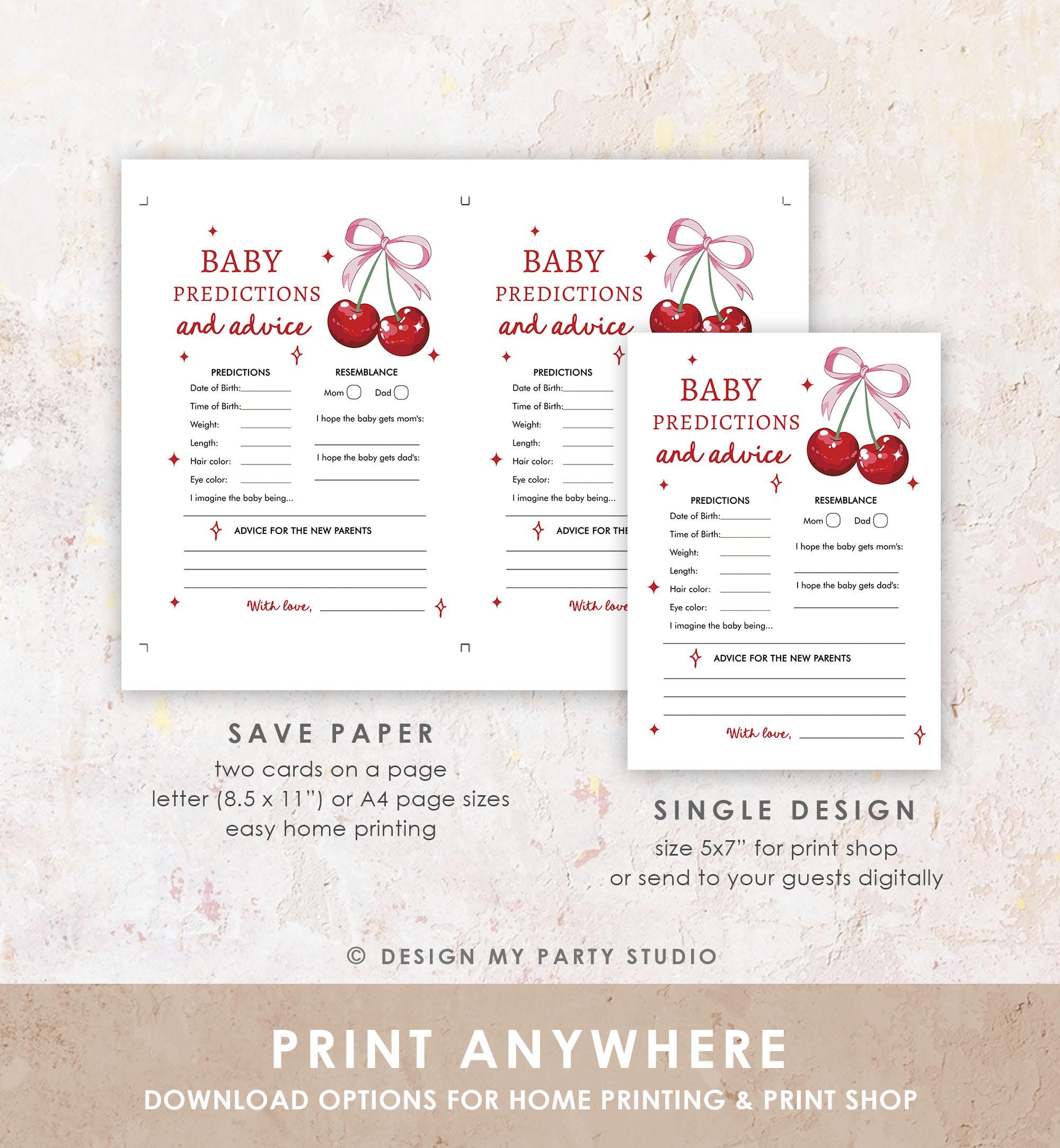 Editable Baby Predictions and Advice Card Baby Shower Game Cherry Baby Shower Bow Coquette Cherry On Top Digital Template Printable 0539