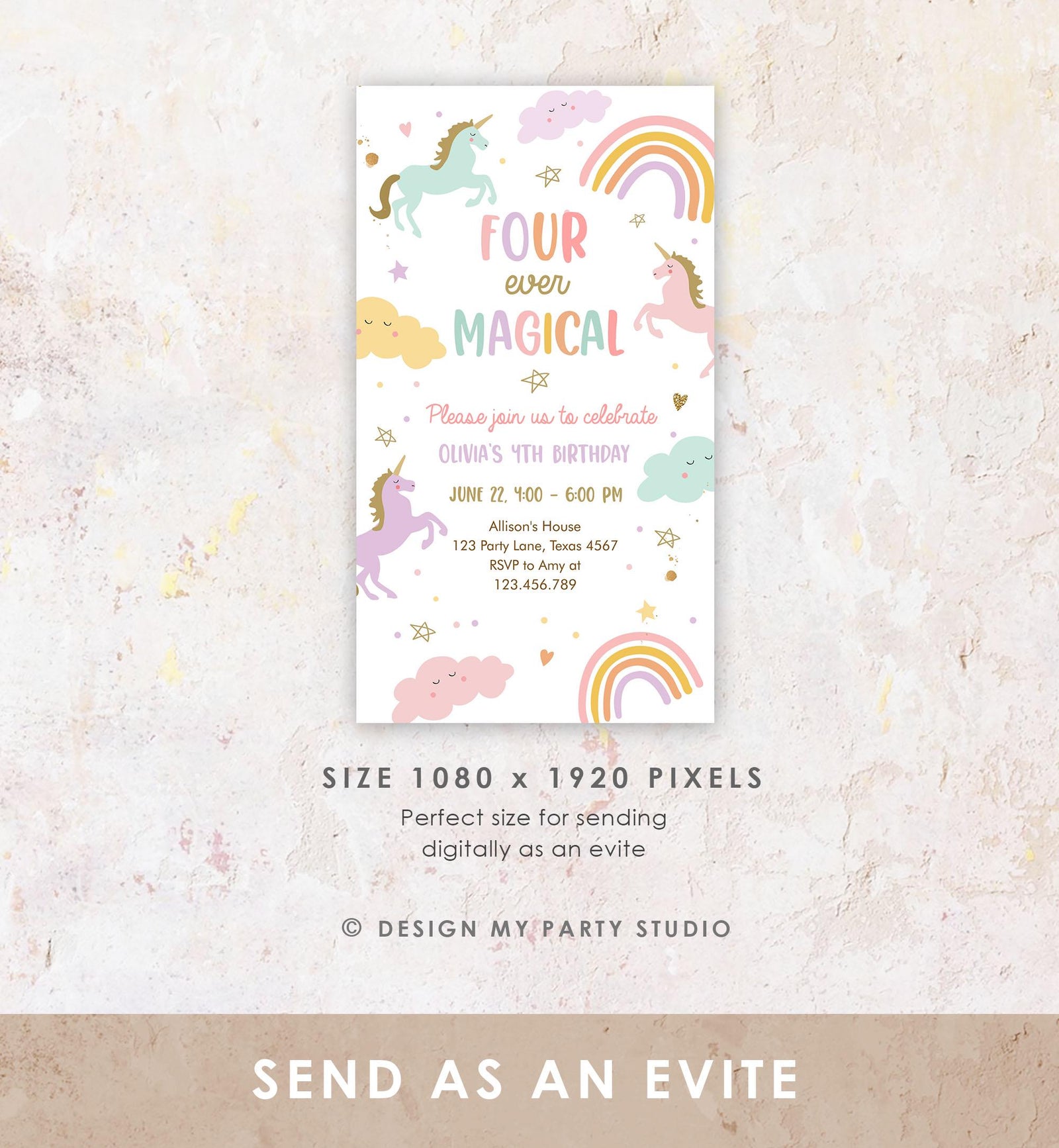 Editable Unicorn 4th Birthday Evite Magical Party Invite Girl Pastel Digital Unicorn Party Template Rainbow Phone Digital Electronic 0426