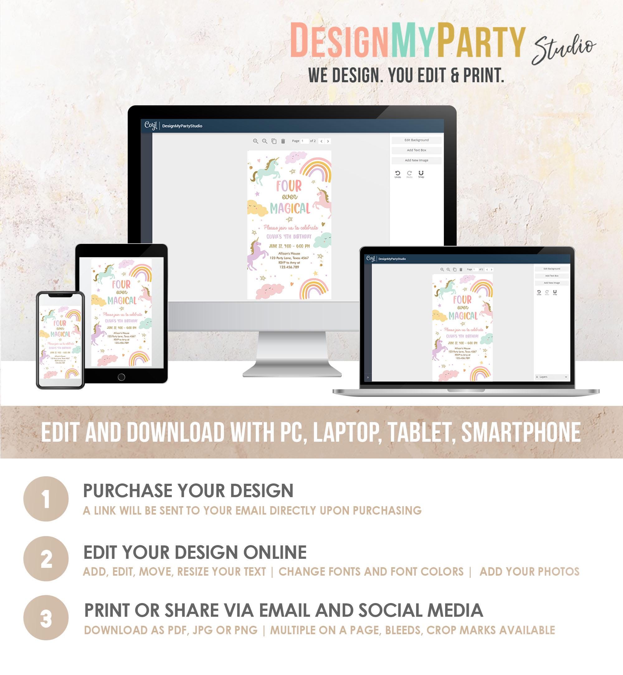 Editable Unicorn 4th Birthday Evite Magical Party Invite Girl Pastel Digital Unicorn Party Template Rainbow Phone Digital Electronic 0426
