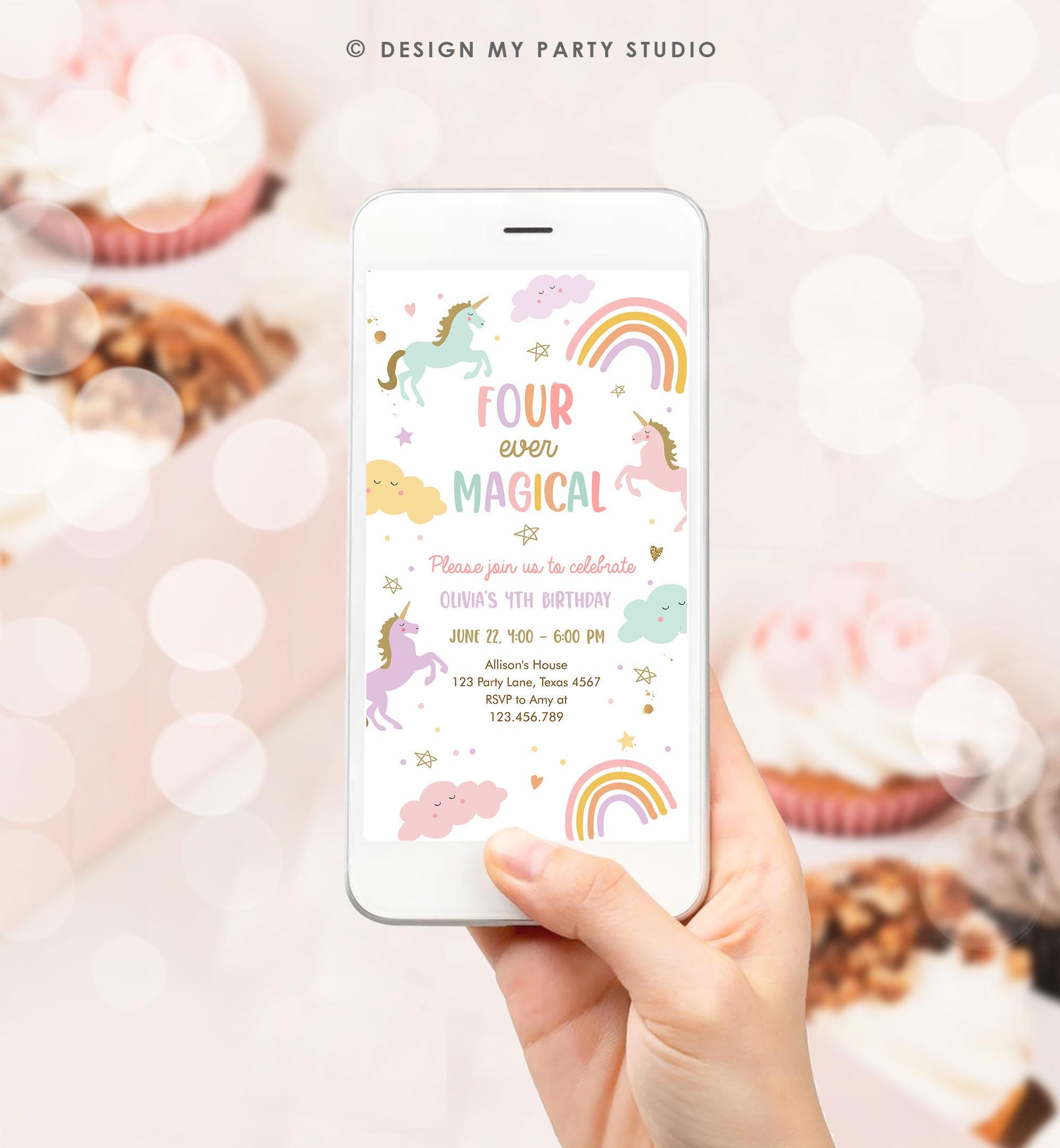 Editable Unicorn 4th Birthday Evite Magical Party Invite Girl Pastel Digital Unicorn Party Template Rainbow Phone Digital Electronic 0426