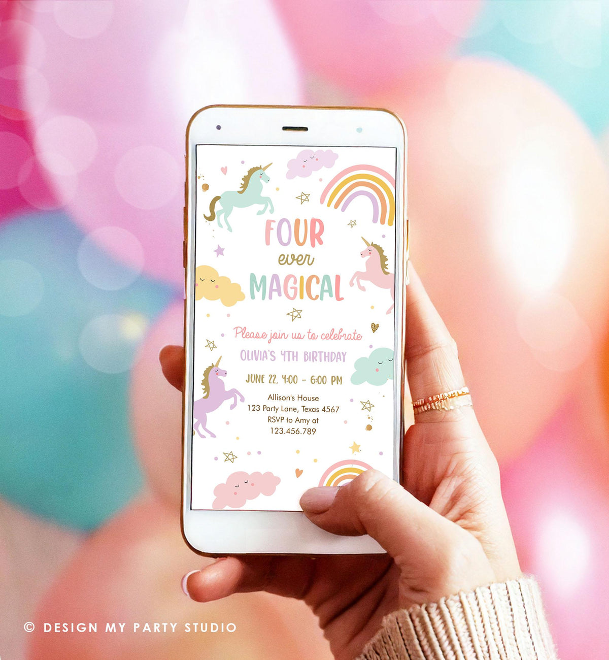 Editable Unicorn 4th Birthday Evite Magical Party Invite Girl Pastel Digital Unicorn Party Template Rainbow Phone Digital Electronic 0426