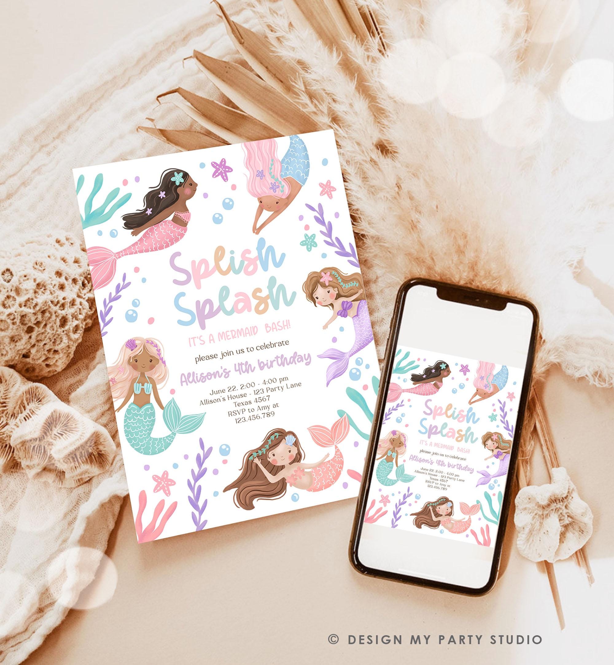 Editable Mermaid Birthday Party Invitation Girl Pink Purple Mermaid Bash Splish Splash Under The Sea Pastel Download Printable Template 0546
