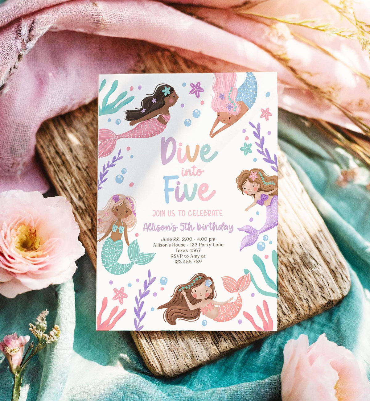 Editable Dive Into Five Mermaid Birthday Invitation 5th Girl Pink Purple Mermaid Bash Sea Ocean Pastel Download Printable Template 0546