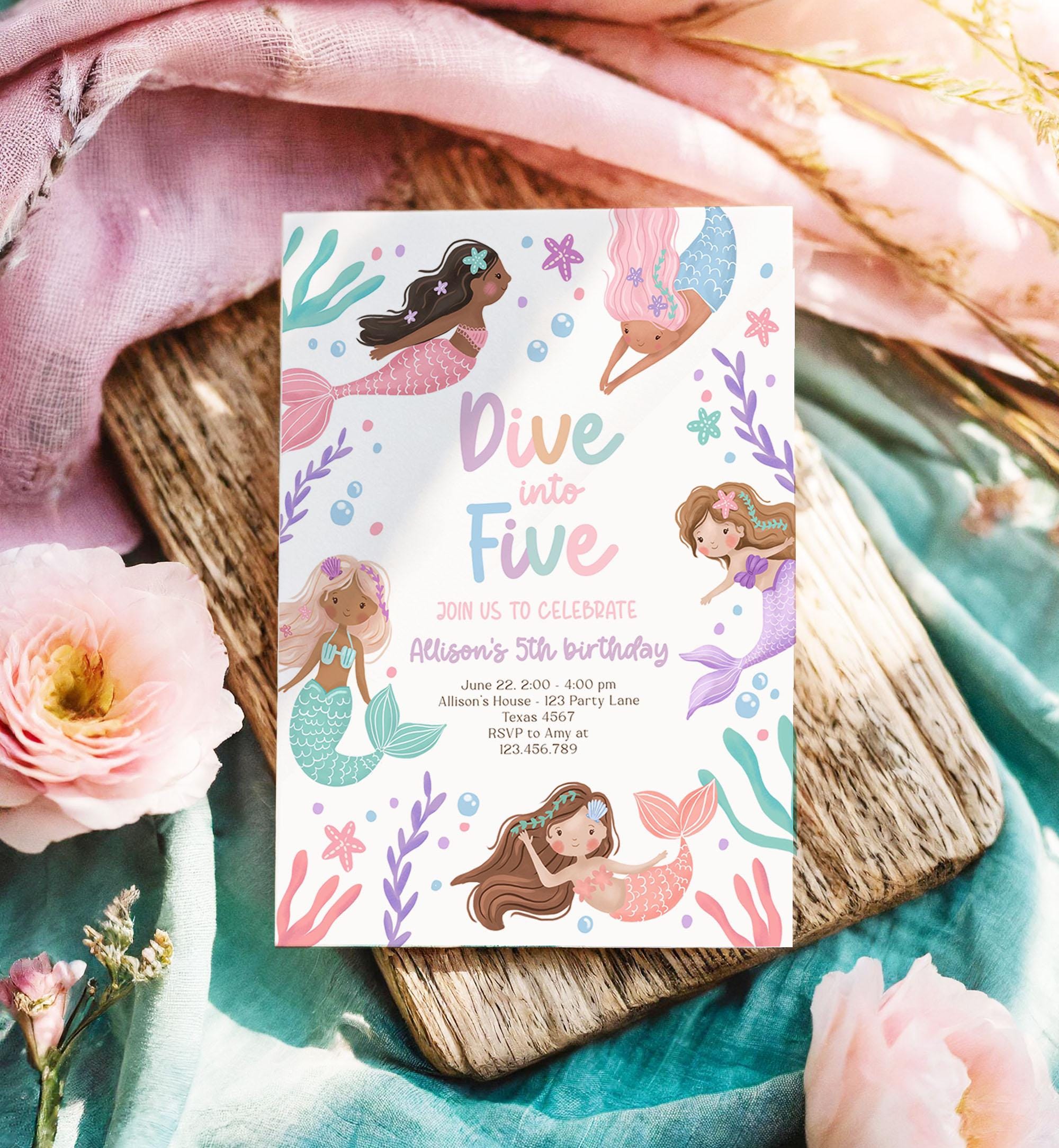 Editable Dive Into Five Mermaid Birthday Invitation 5th Girl Pink Purple Mermaid Bash Sea Ocean Pastel Download Printable Template 0546