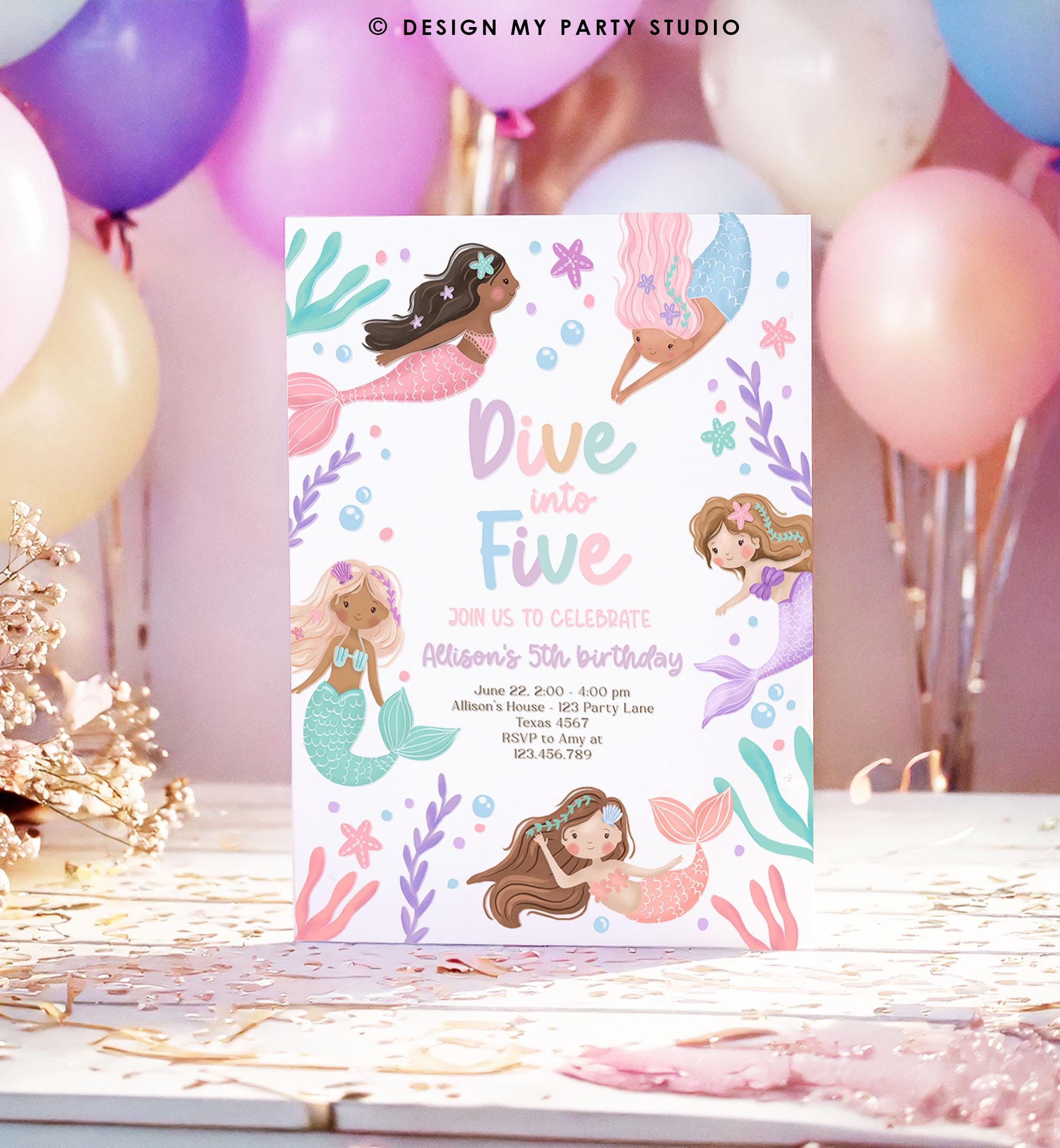 Editable Dive Into Five Mermaid Birthday Invitation 5th Girl Pink Purple Mermaid Bash Sea Ocean Pastel Download Printable Template 0546