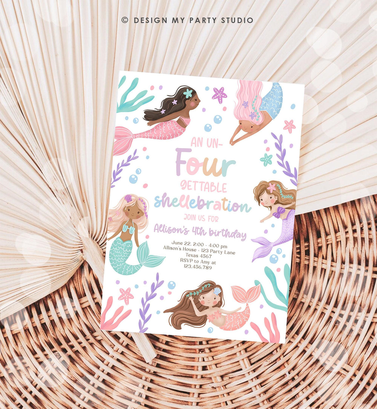 Editable Un Four Gettable Mermaid Birthday Invitation 4th Birthday Purple Under The Sea Pool Party Pastel Download Printable Template 0546