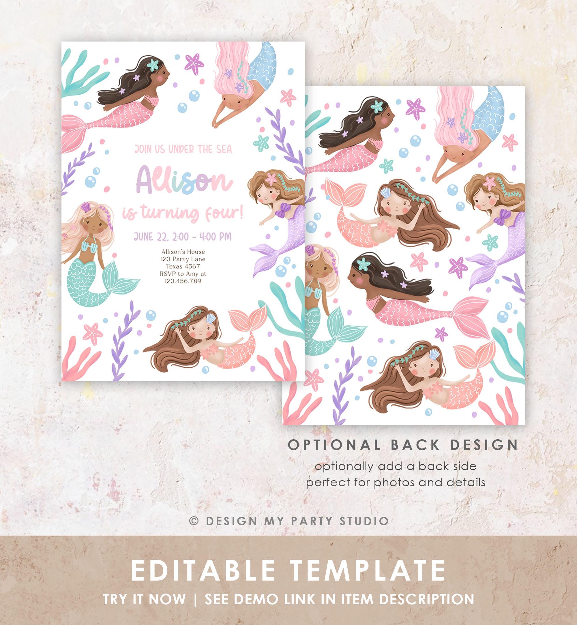 Editable Mermaid Birthday Party Invitation Girl Pink Purple Mermaid Bash Splish Splash Under The Sea Pastel Download Printable Template 0546