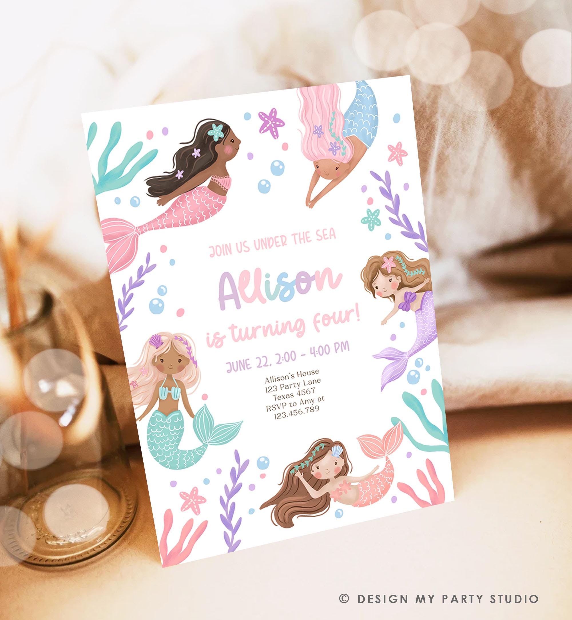 Editable Mermaid Birthday Party Invitation Girl Pink Purple Mermaid Bash Splish Splash Under The Sea Pastel Download Printable Template 0546