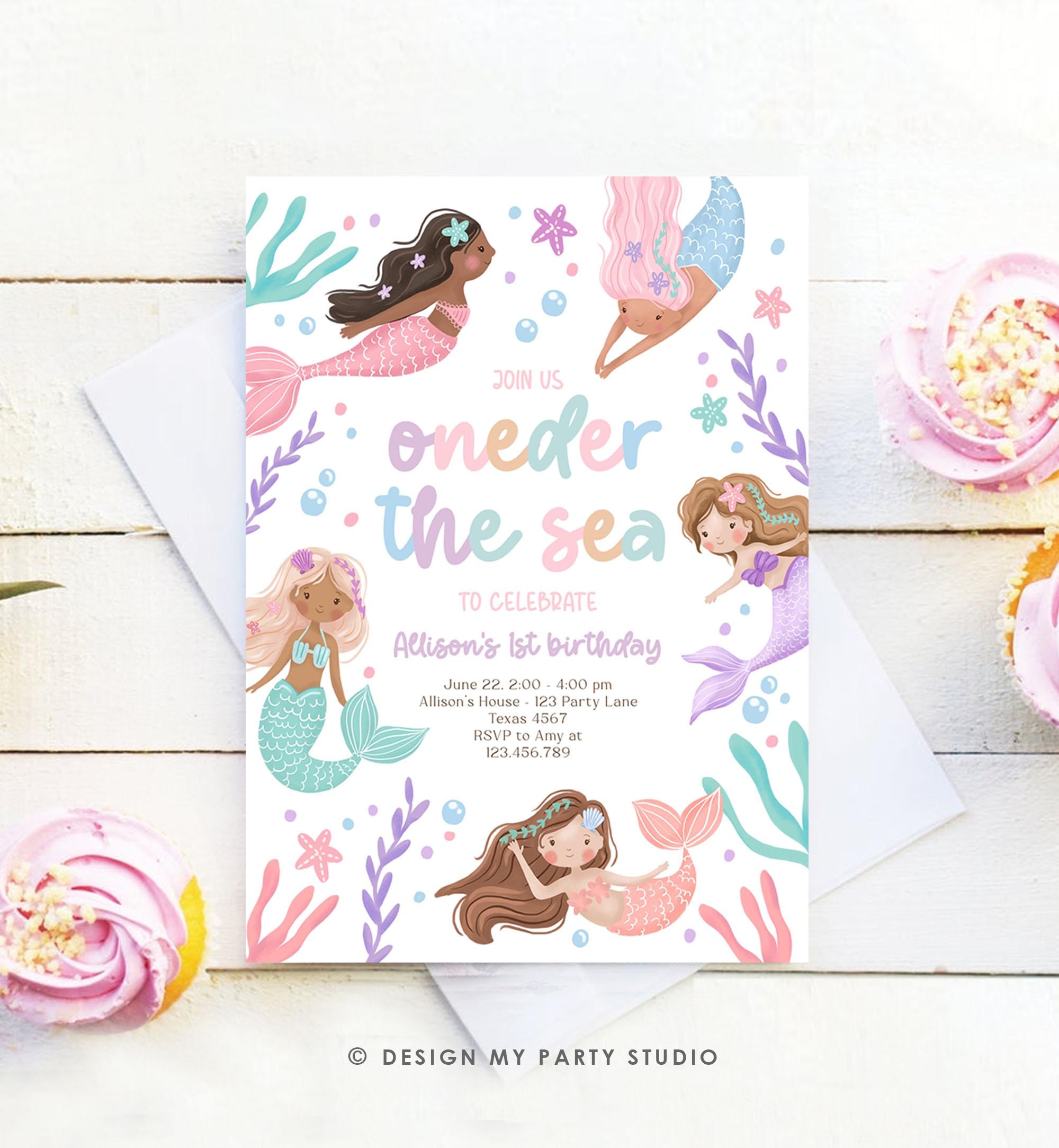Editable Oneder The Sea Birthday Invitation Mermaid Birthday Party Invitation 1st Under The Sea Pastel Download Printable Template 0546