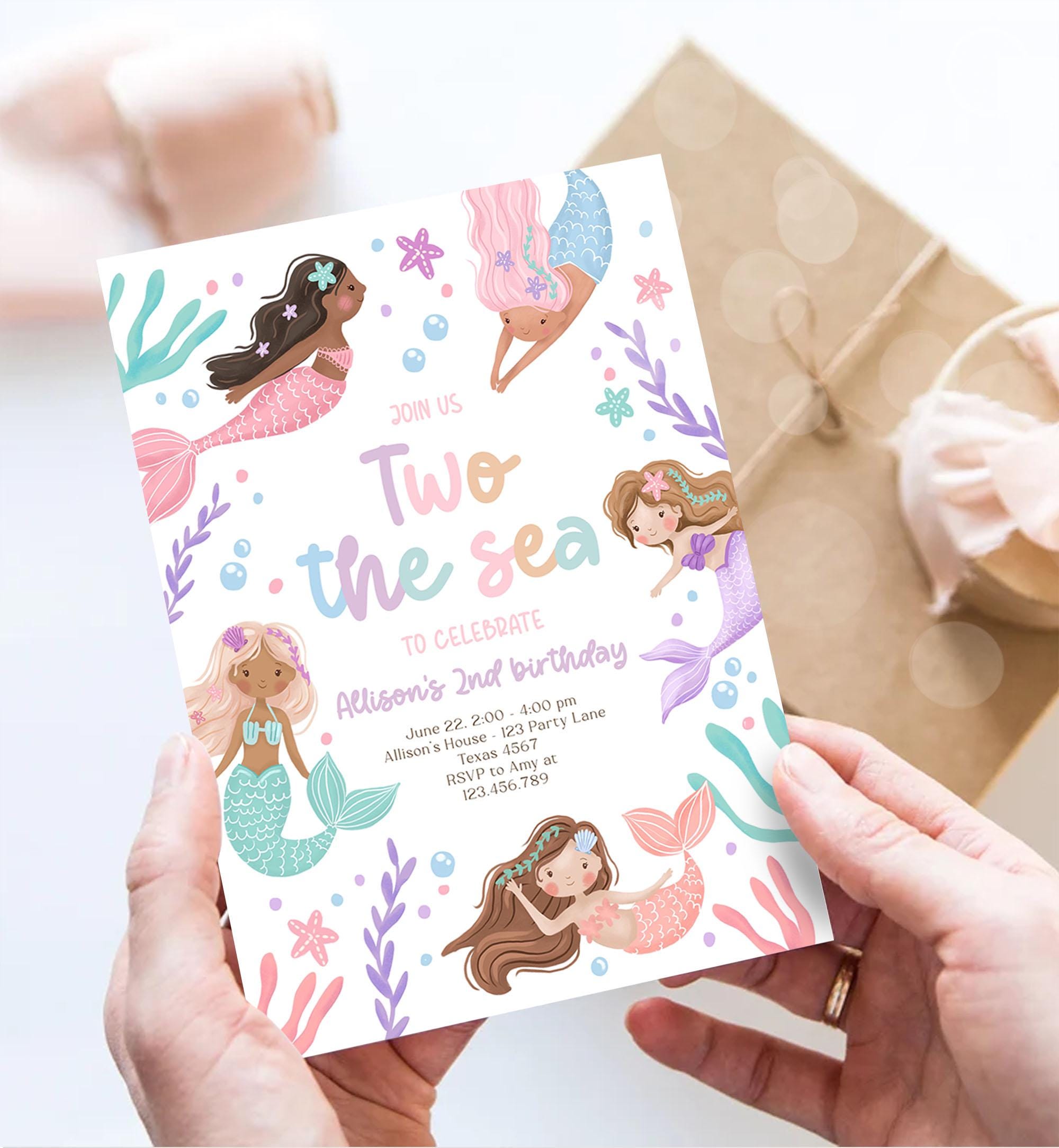 Editable Two The Sea Birthday Invitation Mermaid Birthday Invitation 2nd Splish Splash Under The Sea Ocean Download Printable Template 0546