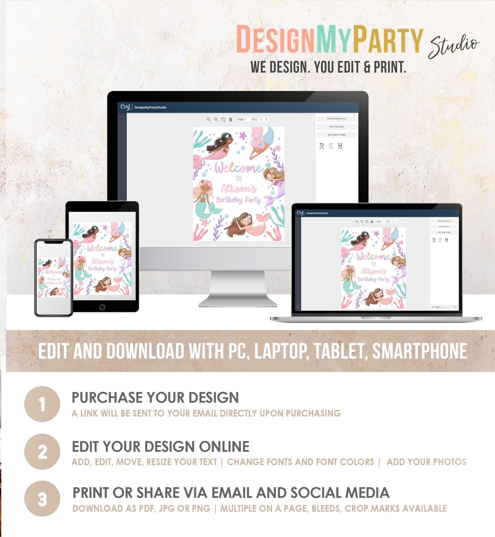 Editable Mermaid Welcome Sign Mermaid Birthday Sign Girl Ocean Pastel Birthday Decor Welcome Under The Sea Digital Template Printable 0546