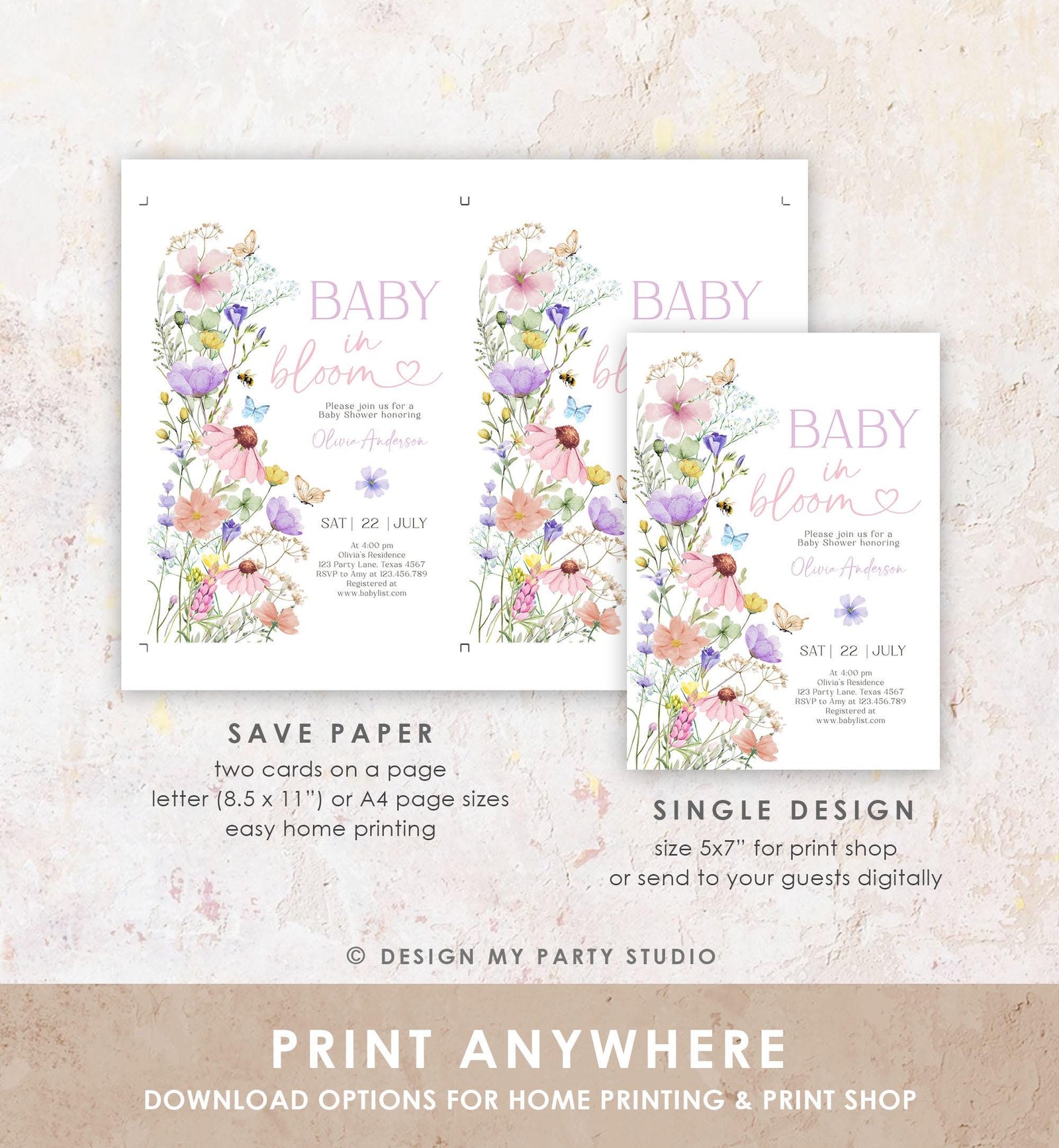 Editable Baby in Bloom Invitation Wildflowers Baby Shower Spring Butterflies Wild Flower Instant Download Template Digital Printable 0543