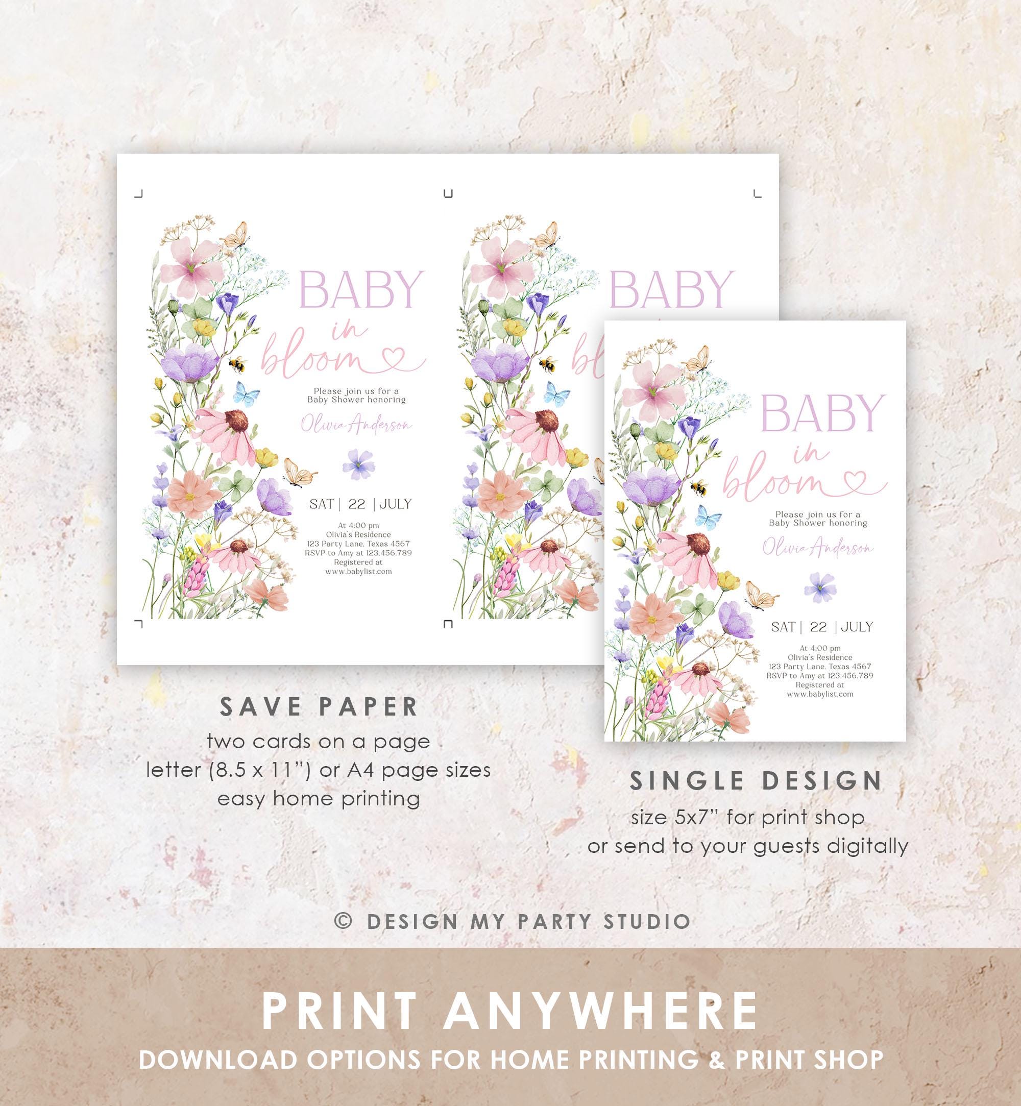 Editable Baby in Bloom Invitation Wildflowers Baby Shower Spring Butterflies Wild Flower Instant Download Template Digital Printable 0543
