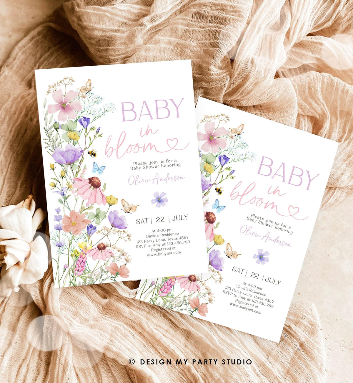 Editable Baby in Bloom Invitation Wildflowers Baby Shower Spring Butterflies Wild Flower Instant Download Template Digital Printable 0543