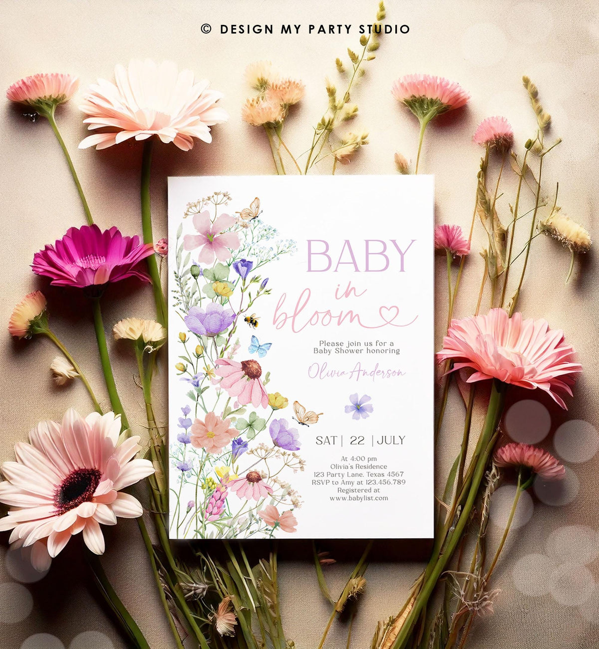 Editable Baby in Bloom Invitation Wildflowers Baby Shower Spring Butterflies Wild Flower Instant Download Template Digital Printable 0543