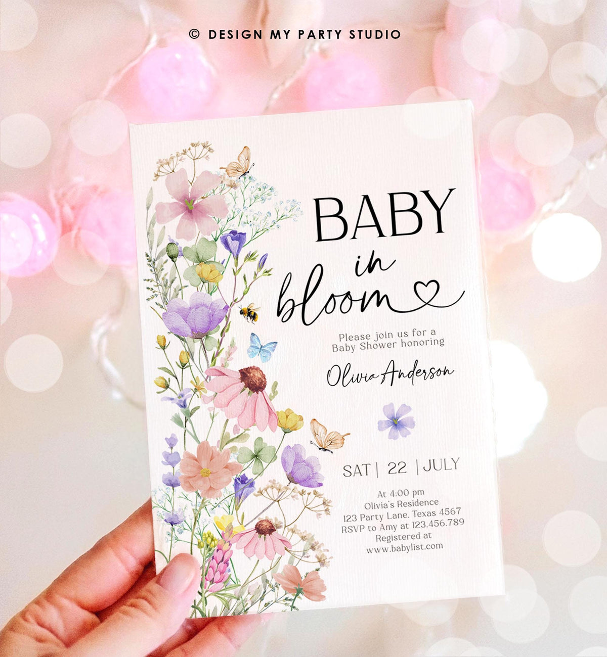 Editable Baby in Bloom Invitation Wildflowers Baby Shower Spring Butterflies Wild Flower Instant Download Template Digital Printable 0543