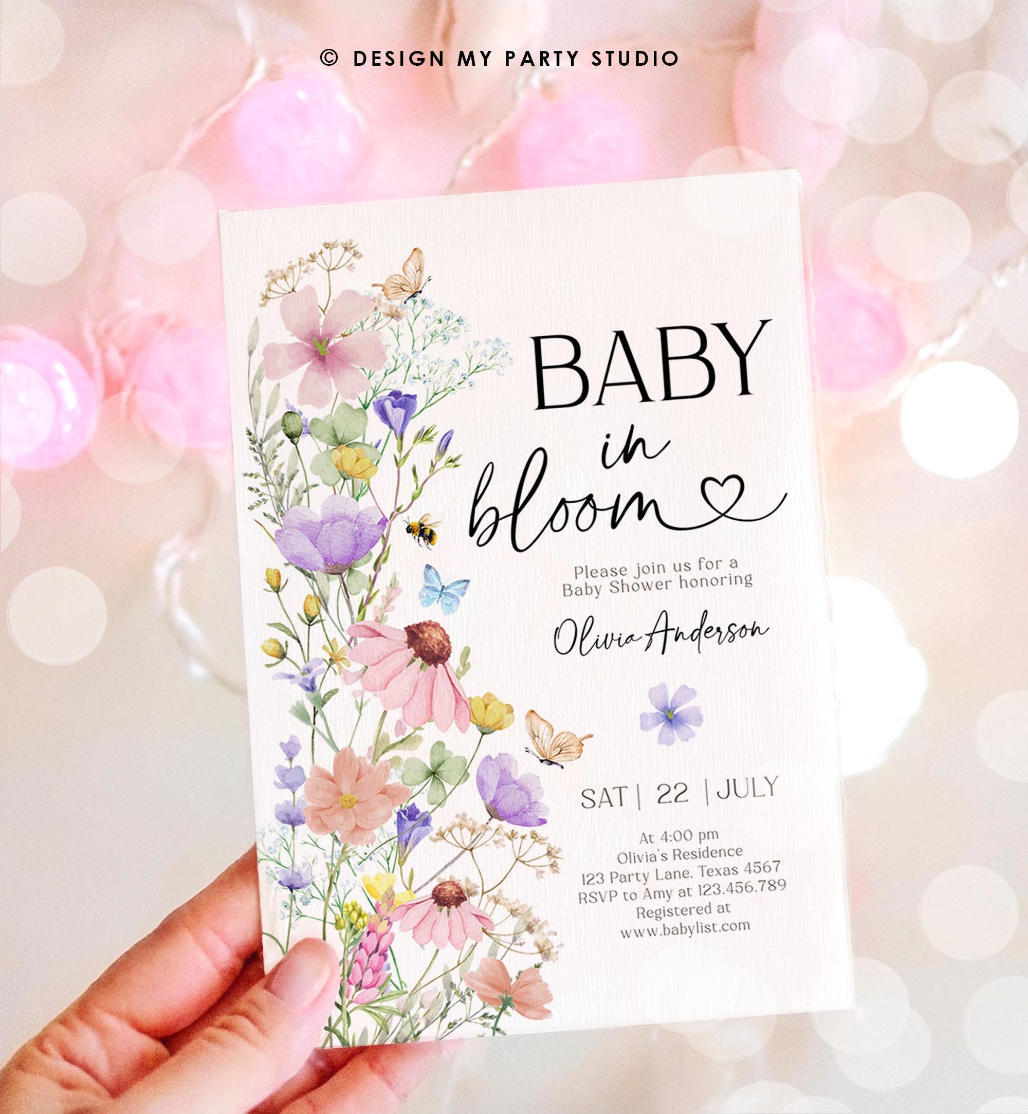 Editable Baby in Bloom Invitation Wildflowers Baby Shower Spring Butterflies Wild Flower Instant Download Template Digital Printable 0543