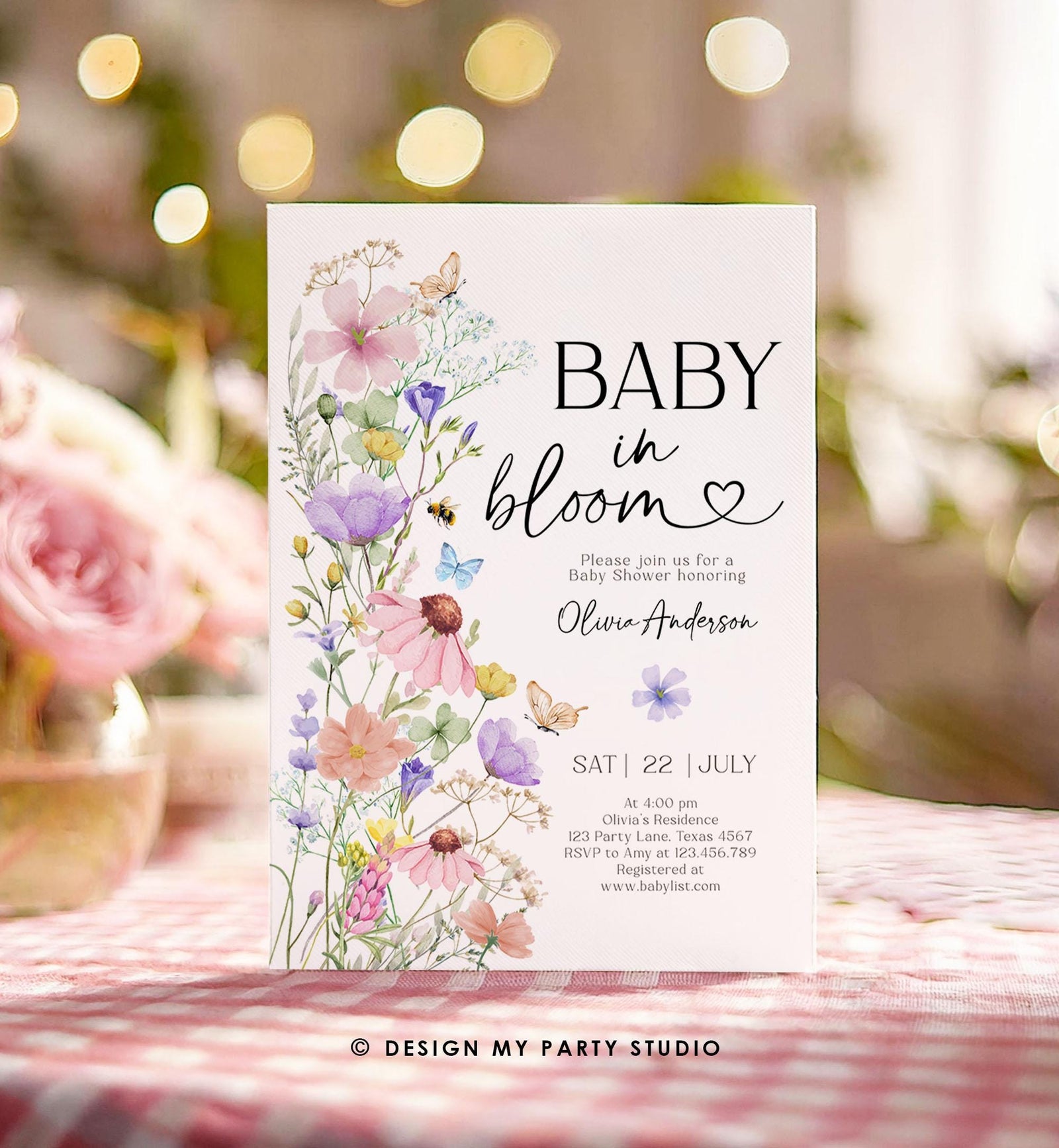 Editable Baby in Bloom Invitation Wildflowers Baby Shower Spring Butterflies Wild Flower Instant Download Template Digital Printable 0543