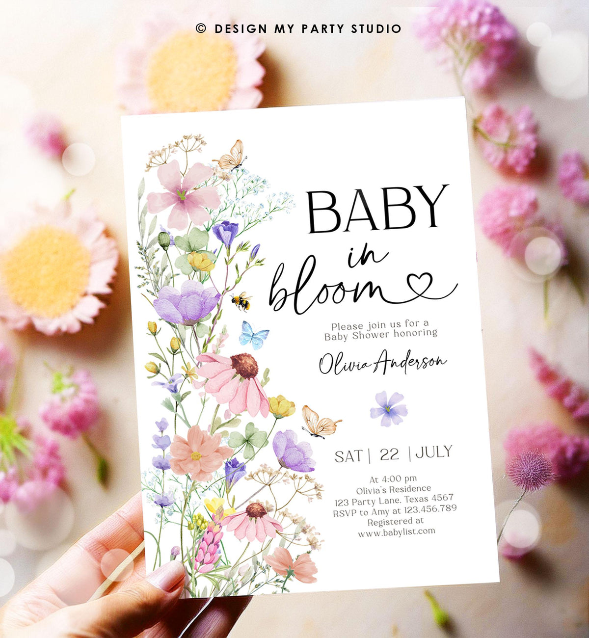 Editable Baby in Bloom Invitation Wildflowers Baby Shower Spring Butterflies Wild Flower Instant Download Template Digital Printable 0543