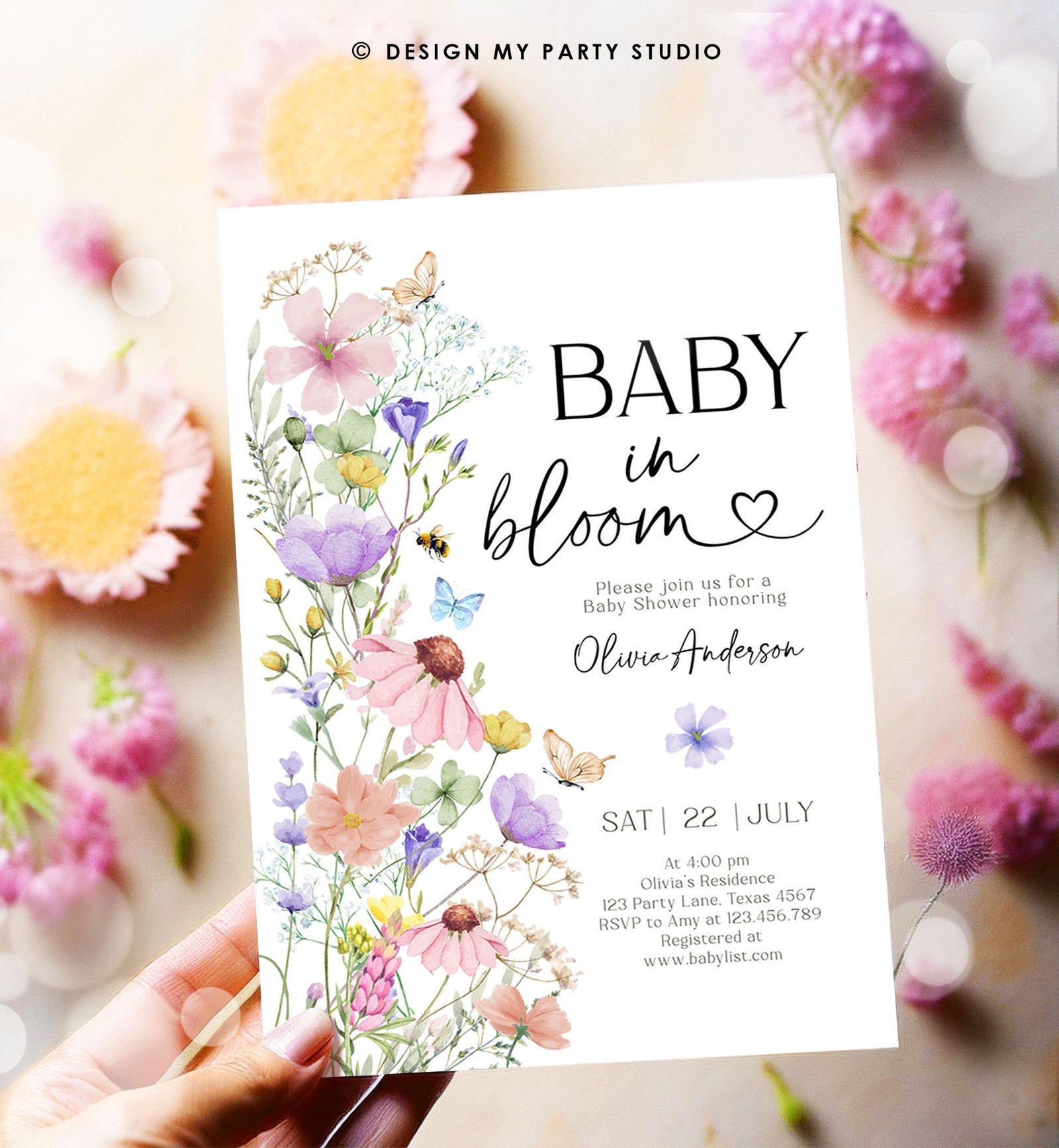 Editable Baby in Bloom Invitation Wildflowers Baby Shower Spring Butterflies Wild Flower Instant Download Template Digital Printable 0543