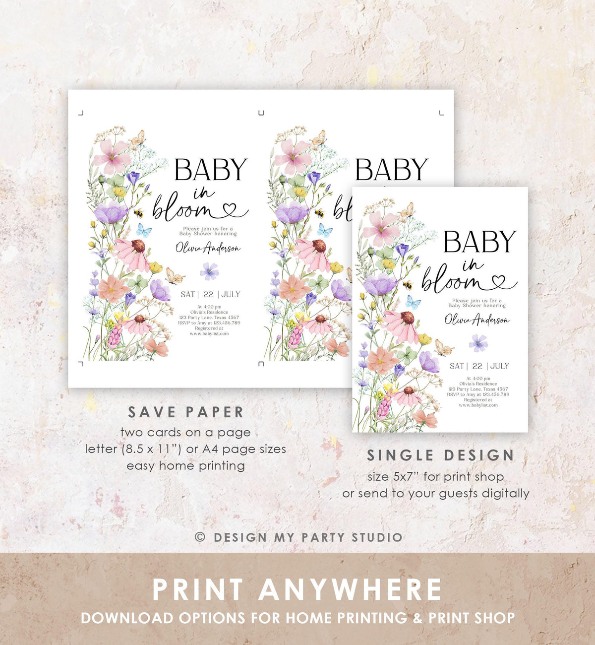 Editable Baby in Bloom Invitation Wildflowers Baby Shower Spring Butterflies Wild Flower Instant Download Template Digital Printable 0543